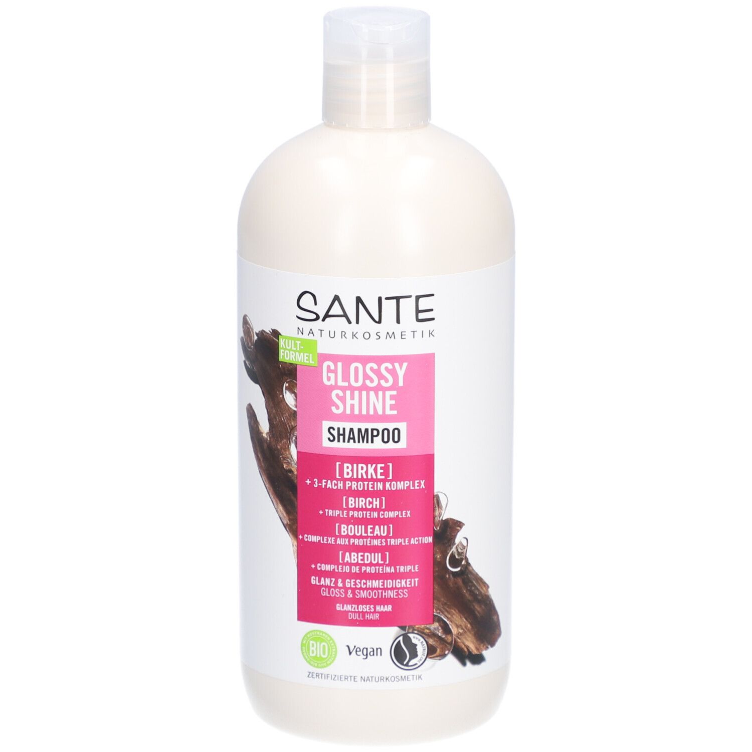 Flacon de shampooing avec bouchon blanc. Étiquette rose avec nom et logo du produit. Label vegan.