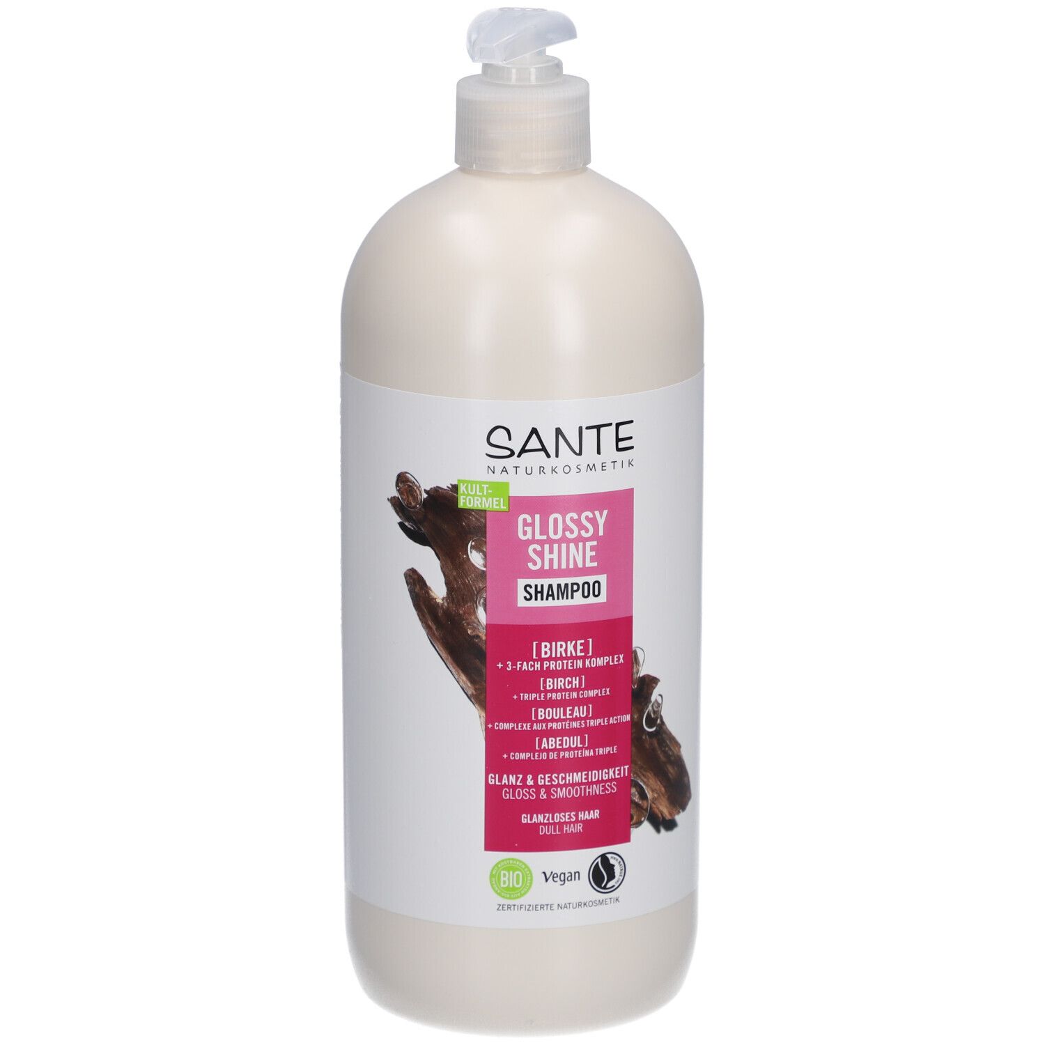 Flacon de shampooing beige avec pompe. Étiquette avec SANTE, GLOSSY SHINE Shampoo, extrait de bouleau et label Vegan.