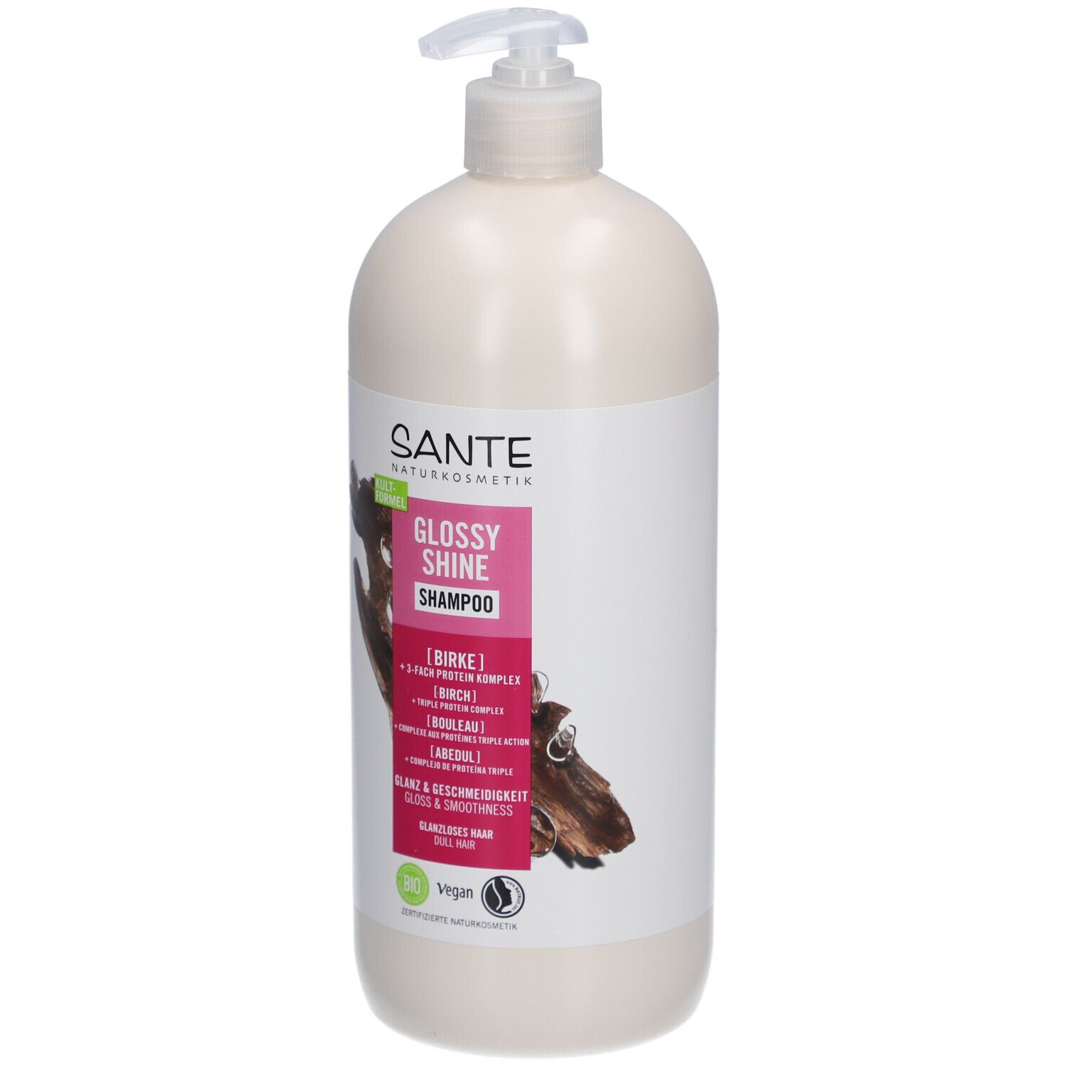 Flacon de shampooing beige avec pompe. Étiquette avec SANTE, GLOSSY SHINE Shampoo, extrait de bouleau et label Vegan.