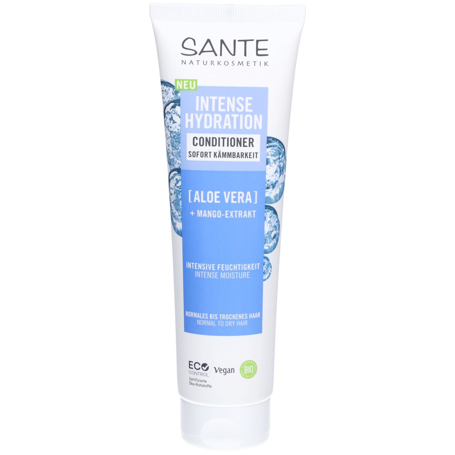 Tube blanche de SANTE INTENSE HYDRATION Conditioner. Zones bleues avec informations produit. Aloe Vera et extrait de mangue.