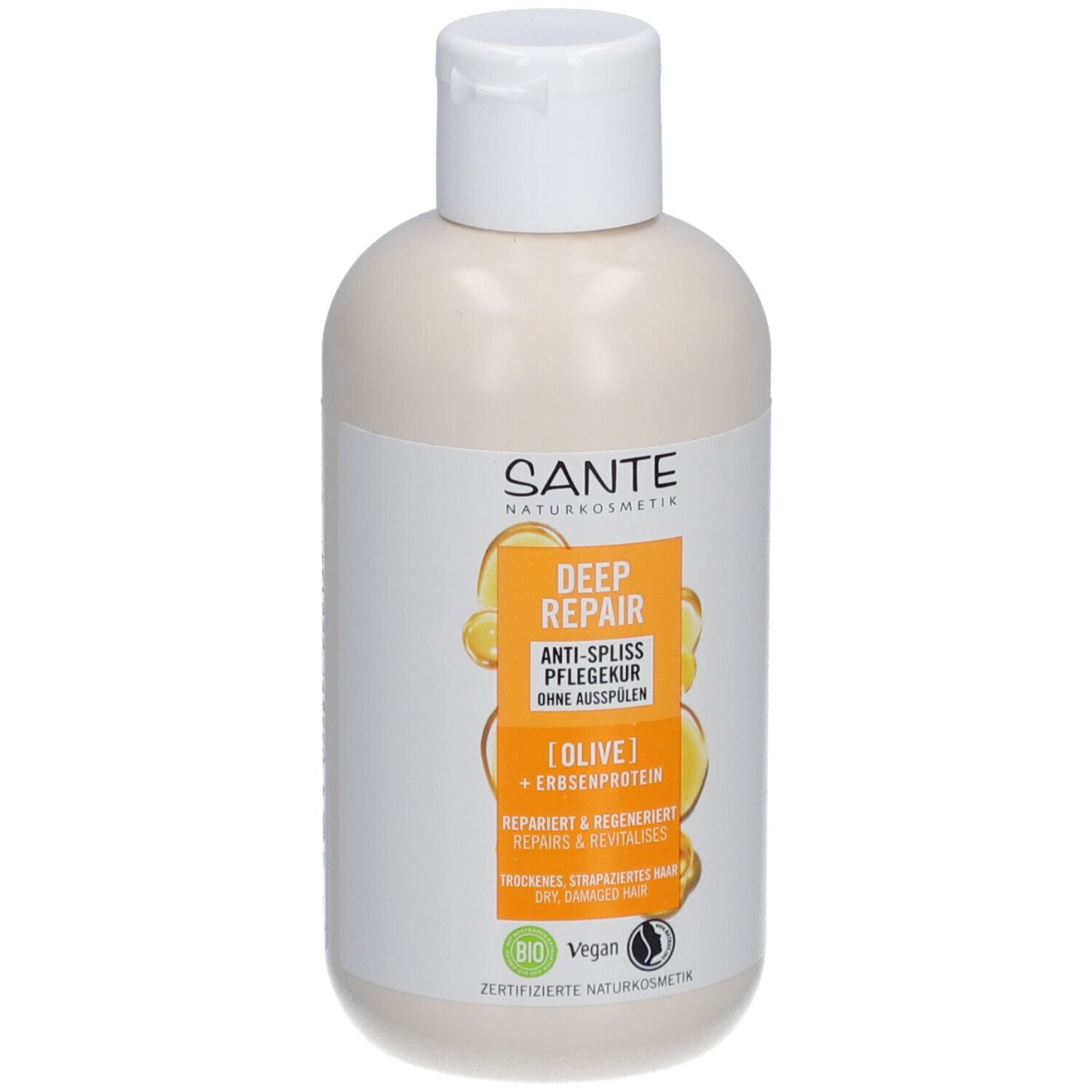 Flacon beige avec bouchon blanc. Étiquette avec informations et logo du produit.