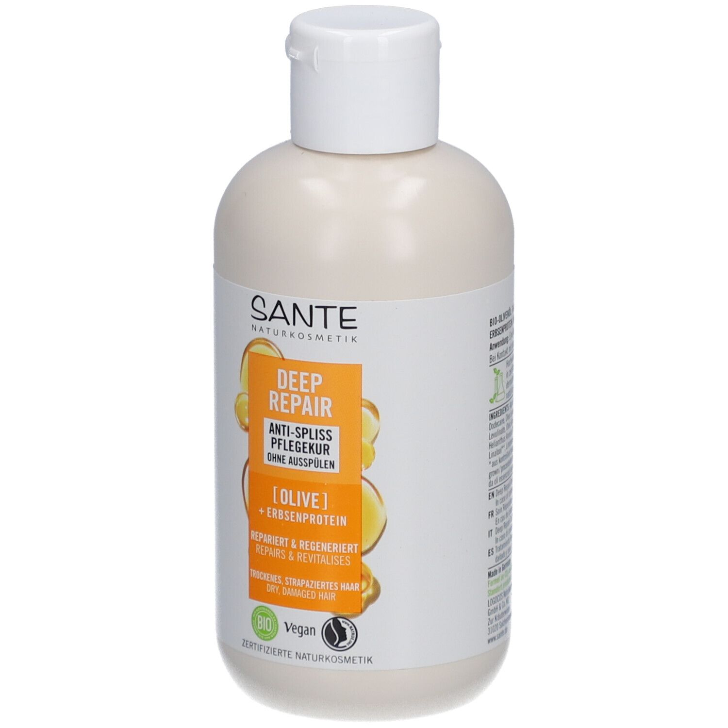 Flacon beige avec bouchon blanc. Étiquette avec informations et logo du produit.