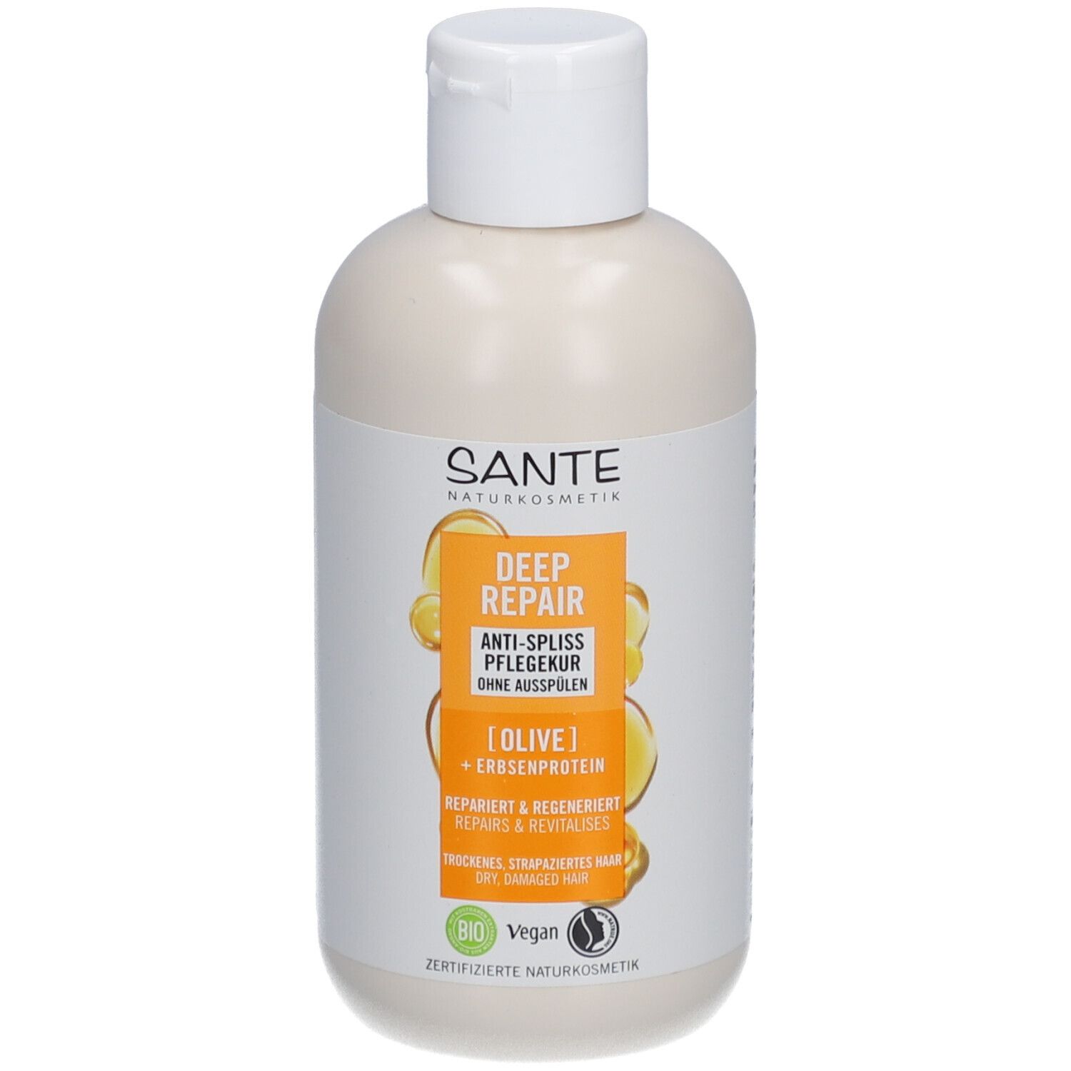 Flacon beige avec bouchon blanc. Étiquette avec informations et logo du produit.