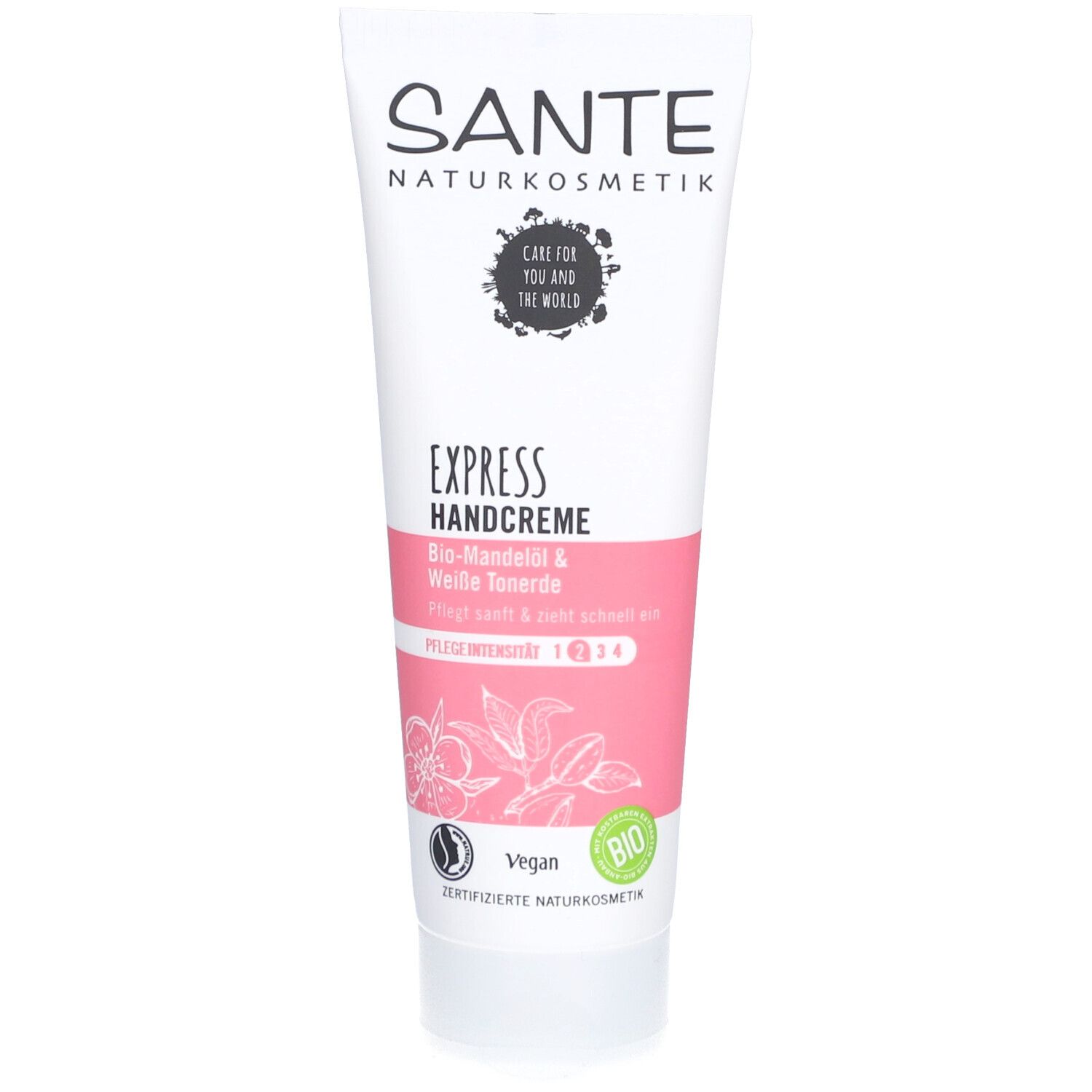 Tube blanche avec bande rose. Inscription: SANTE EXPRESS Crème Mains. Huile d'amande bio & argile blanche. Vegan et logo bio.