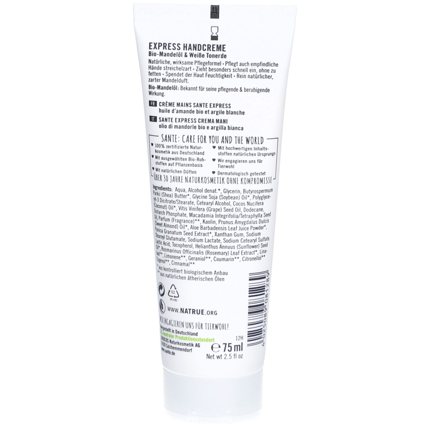 Dos du tube. Texte: EXPRESS CRÈME MAINS. Ingrédients, logo NATRUE, label Vegan. Volume: 75ml.