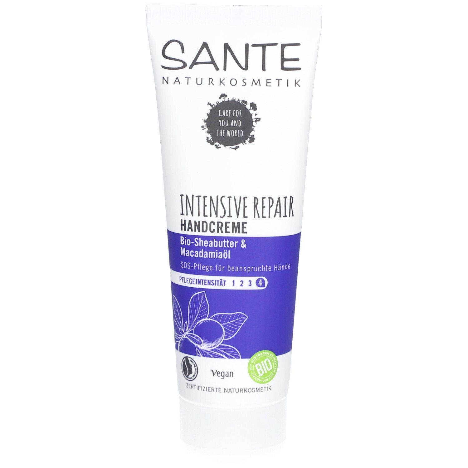 Tube blanc de crème pour les mains SANTE. Bande bleue avec nom et ingrédients. Labels vegan et bio.