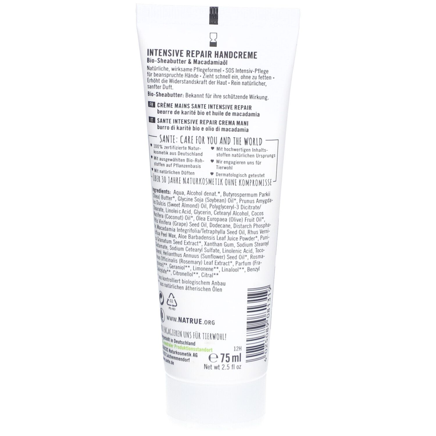 Dos du tube de crème pour les mains SANTE. Texte avec informations et ingrédients. Label NATRUE.