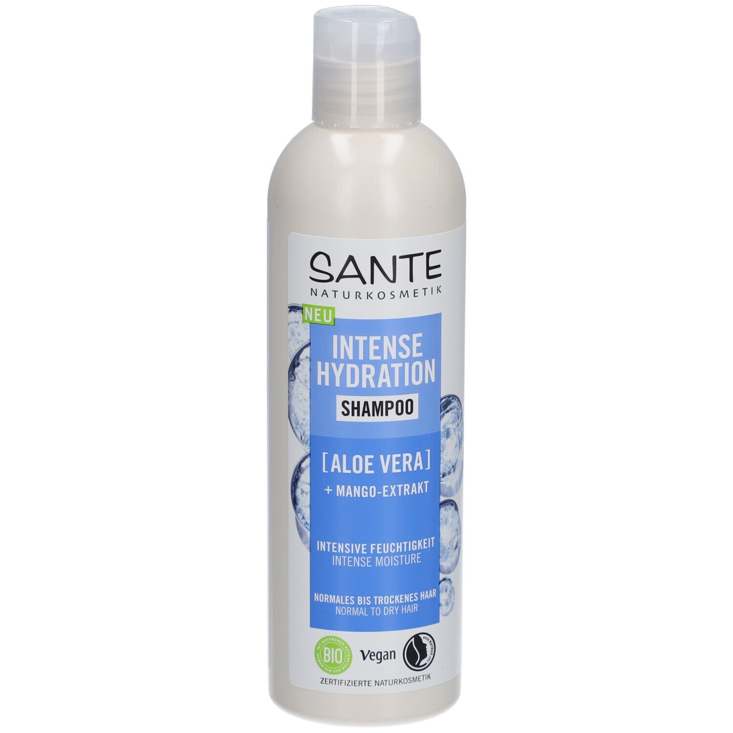 Shampoo SANTE INTENSE HYDRATION. Bouteille blanche avec étiquette bleue. Contient de l'aloe vera et de l'extrait de mangue. Pour cheveux normaux à secs.