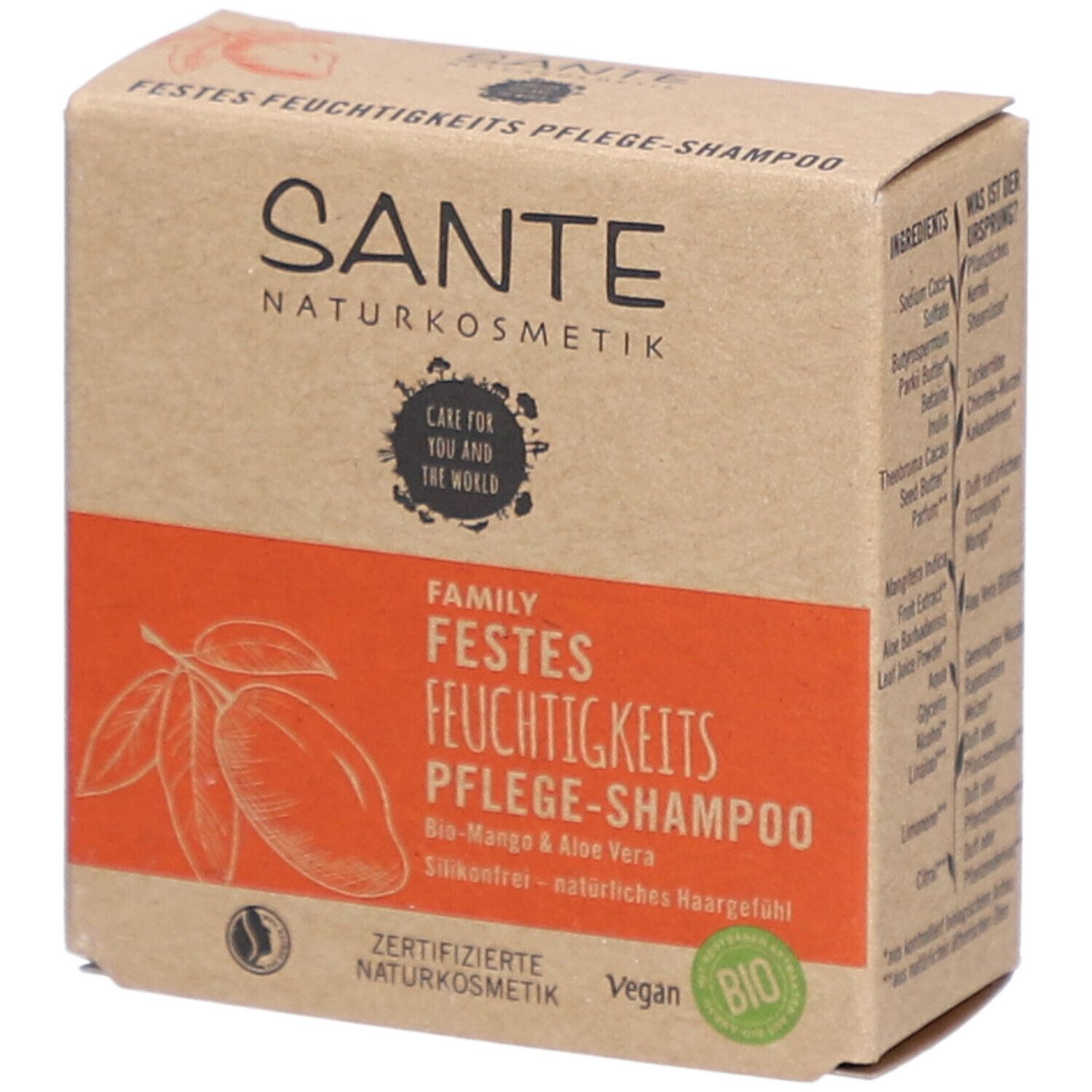 Emballage en carton SANTE. Texte et illustration de mangue sur fond orange. Labels Vegan et Bio.