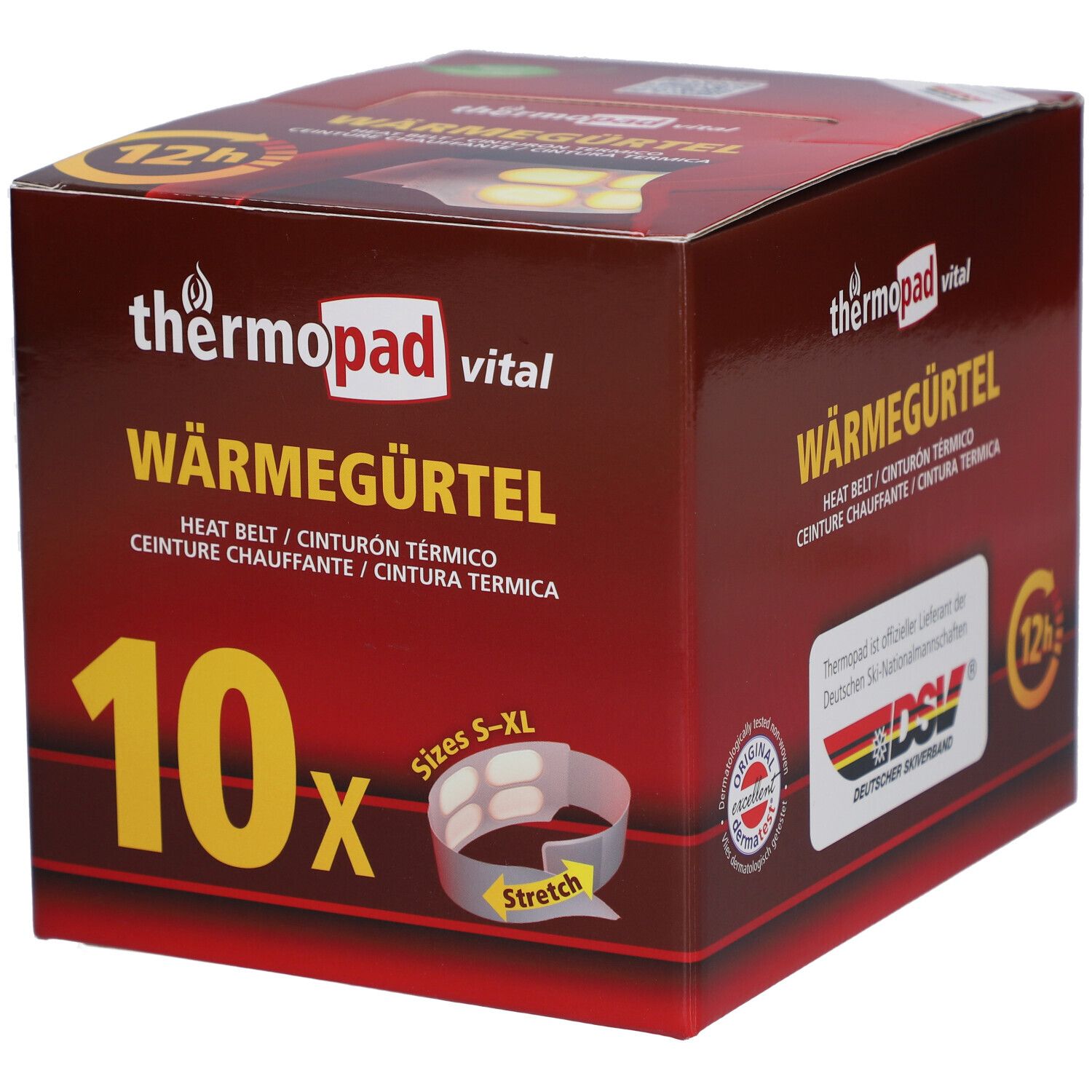 Boîte marron thermopad® vital Wärmegürtel. 10 pièces, tailles S-XL. Inscriptions : Wärmegürtel, Heat Belt, 12h.