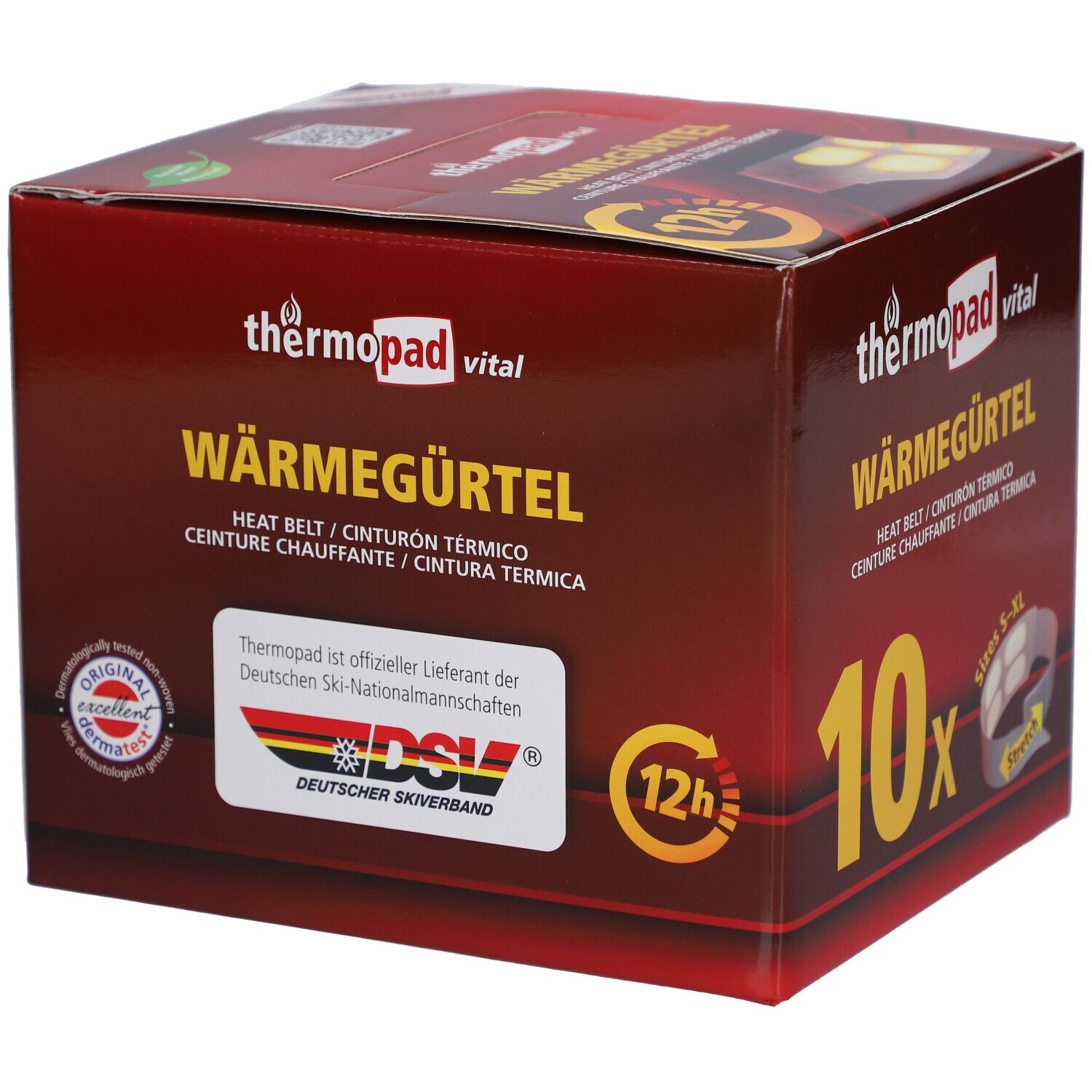 Boîte marron thermopad® vital Wärmegürtel. 10 pièces, tailles S-XL. Inscriptions : Wärmegürtel, Heat Belt, 12h, DSV.