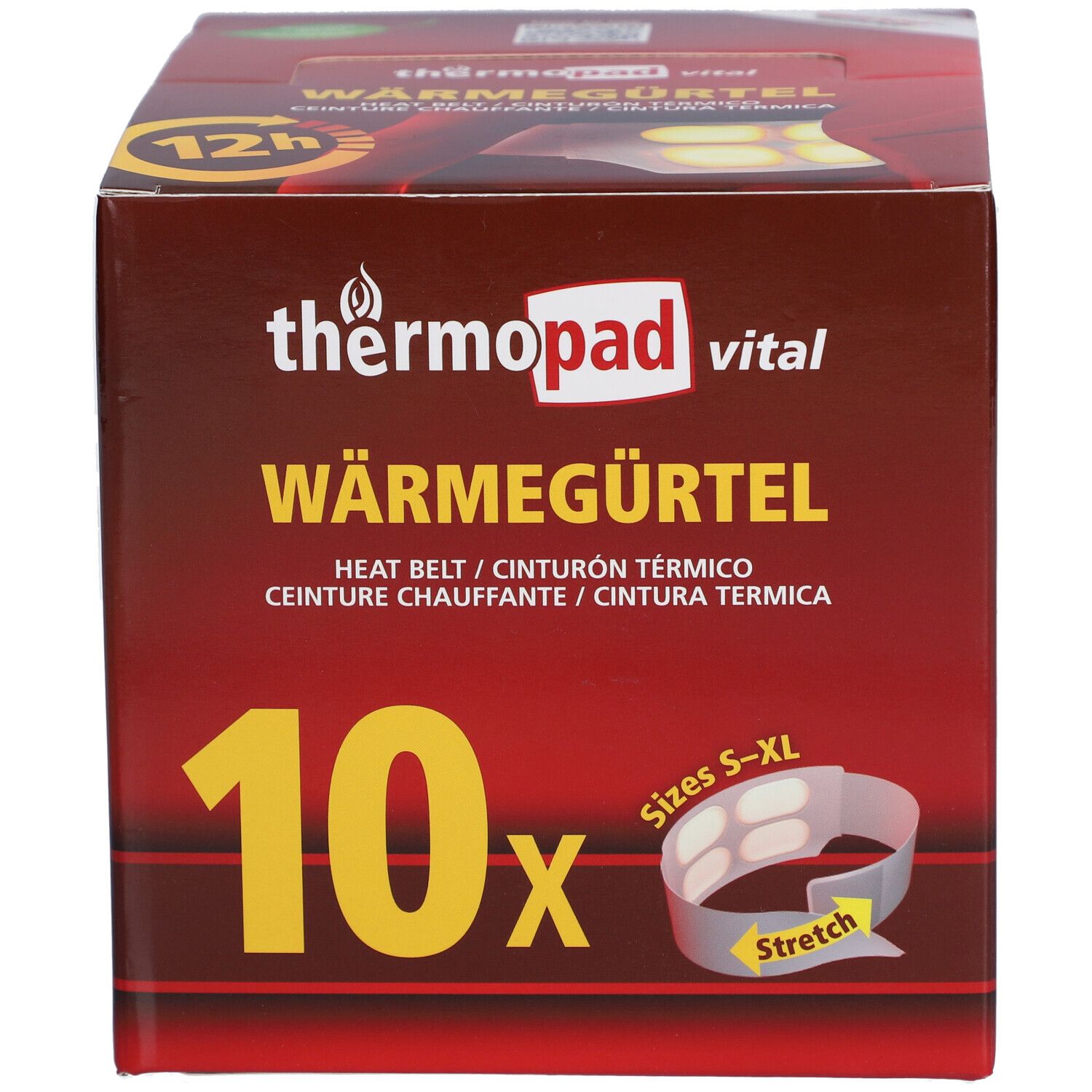 Boîte marron thermopad® vital Wärmegürtel. 10 pièces, tailles S-XL. Inscriptions : Wärmegürtel, Heat Belt, 12h.