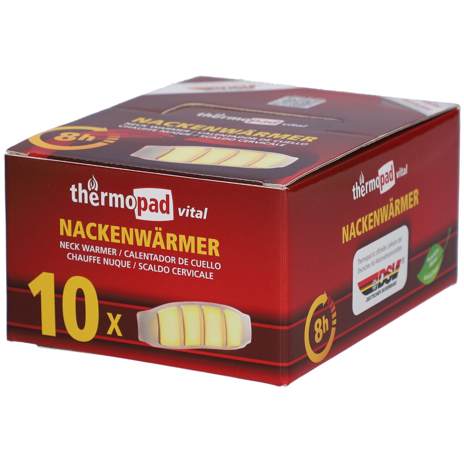 Boîte de thermopad® Nackenwärmer. Rouge, avec image du produit et texte. Contient 10 pièces.