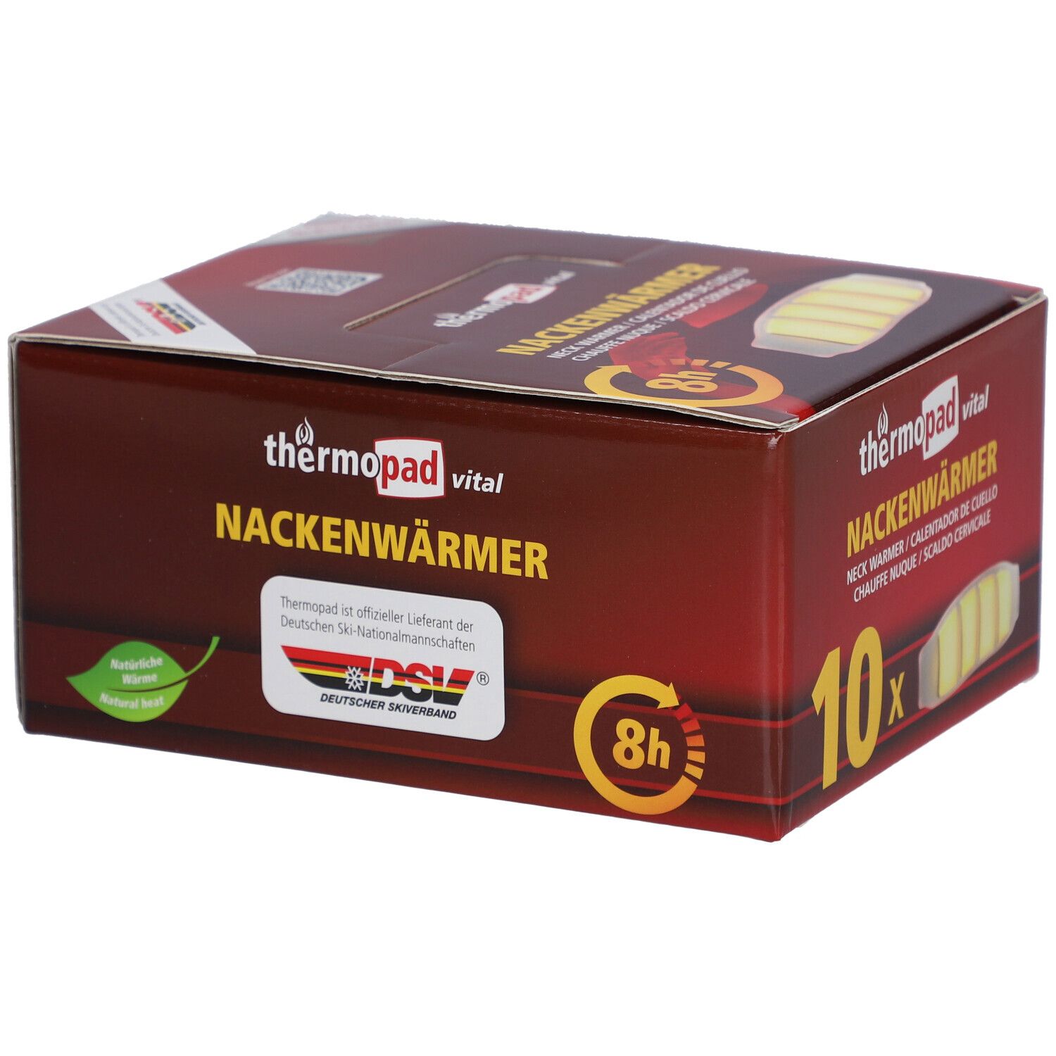 Boîte de thermopad® Nackenwärmer. Rouge, avec image du produit et texte. Contient 10 pièces.