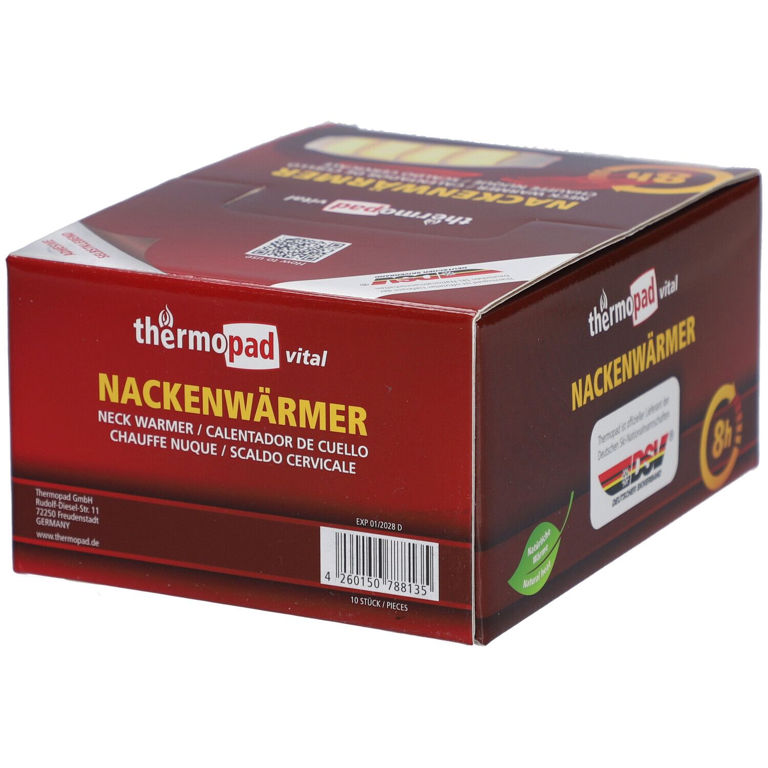 Boîte de thermopad® Nackenwärmer. Rouge, avec image du produit et texte. Contient 10 pièces.