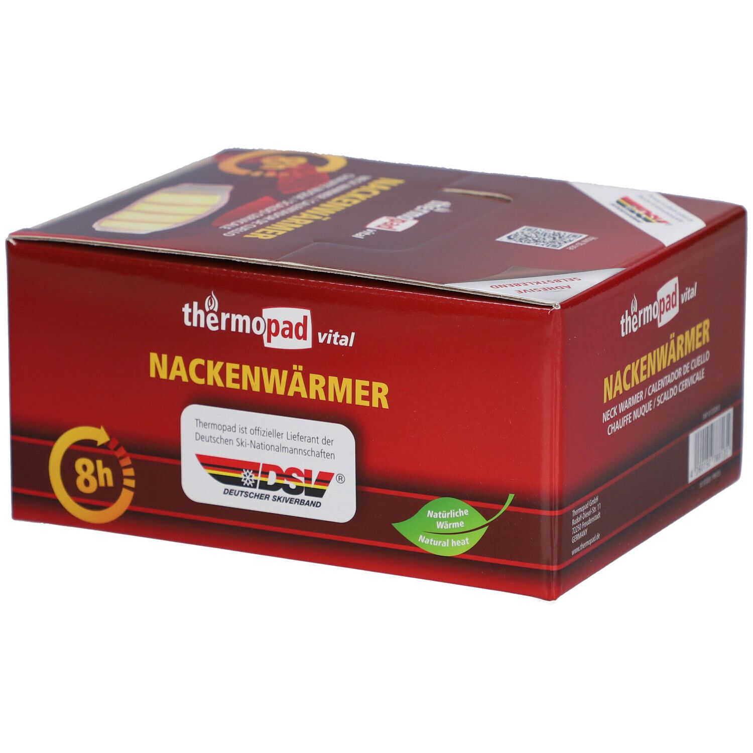 Boîte de thermopad® Nackenwärmer. Rouge, avec image du produit et texte. Contient 10 pièces.