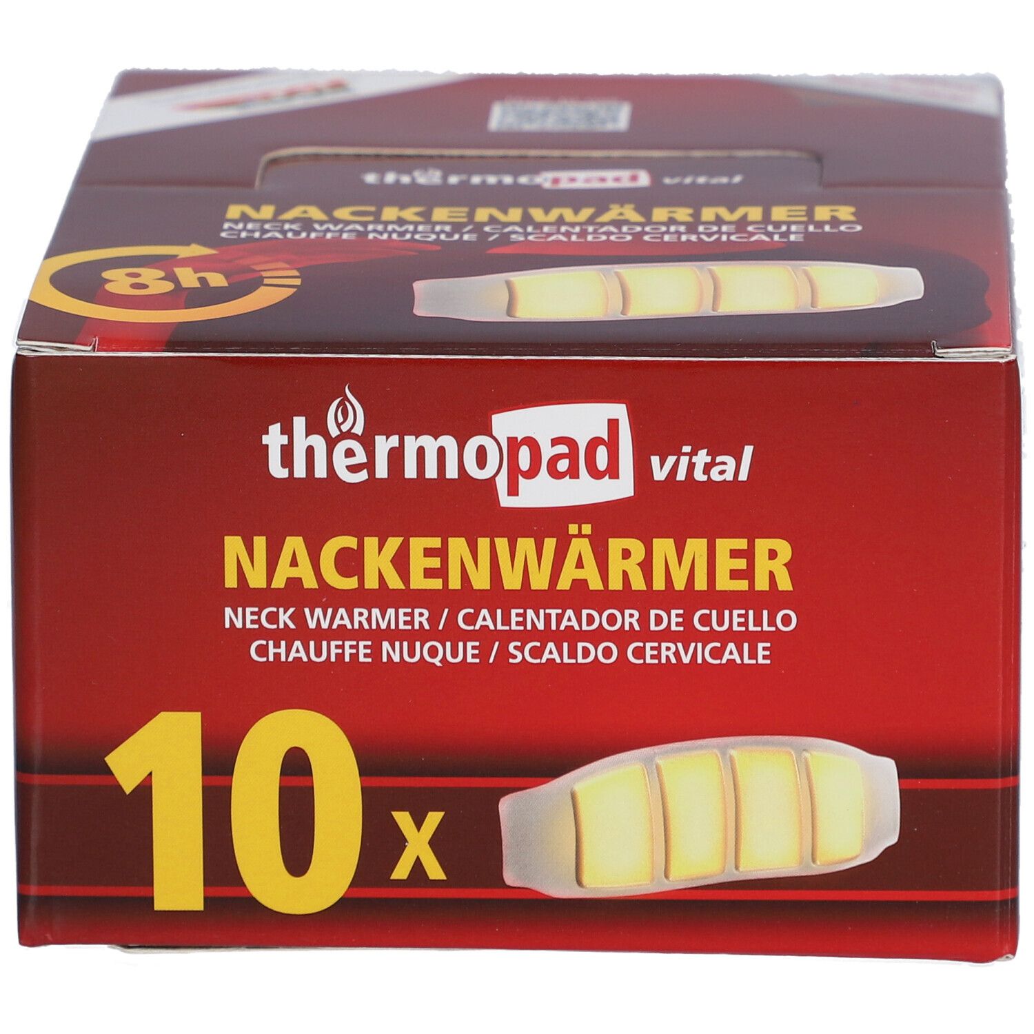 Boîte de thermopad® Nackenwärmer. Rouge, avec image du produit et texte. Contient 10 pièces.