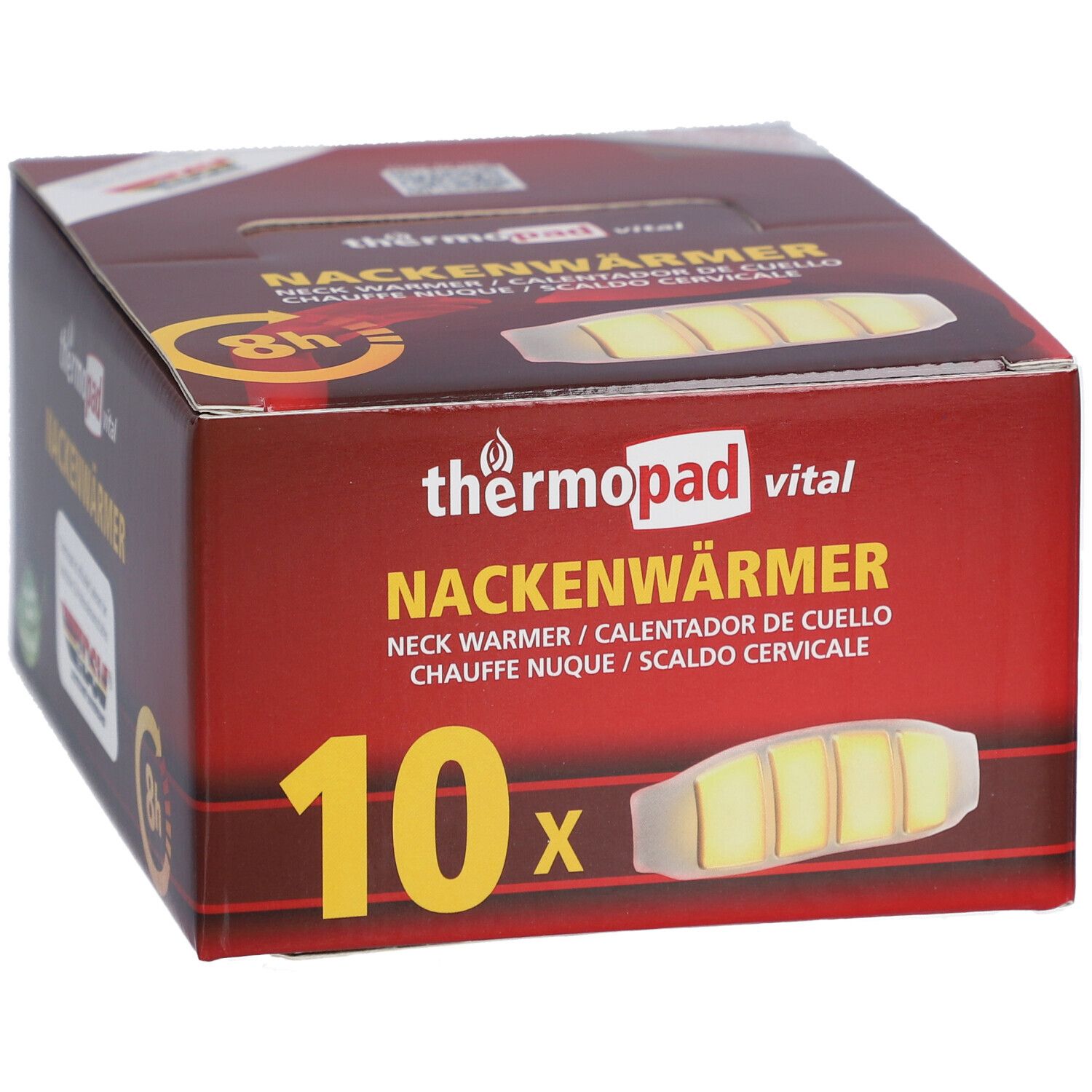 Boîte de thermopad® Nackenwärmer. Rouge, avec image du produit et texte. Contient 10 pièces.