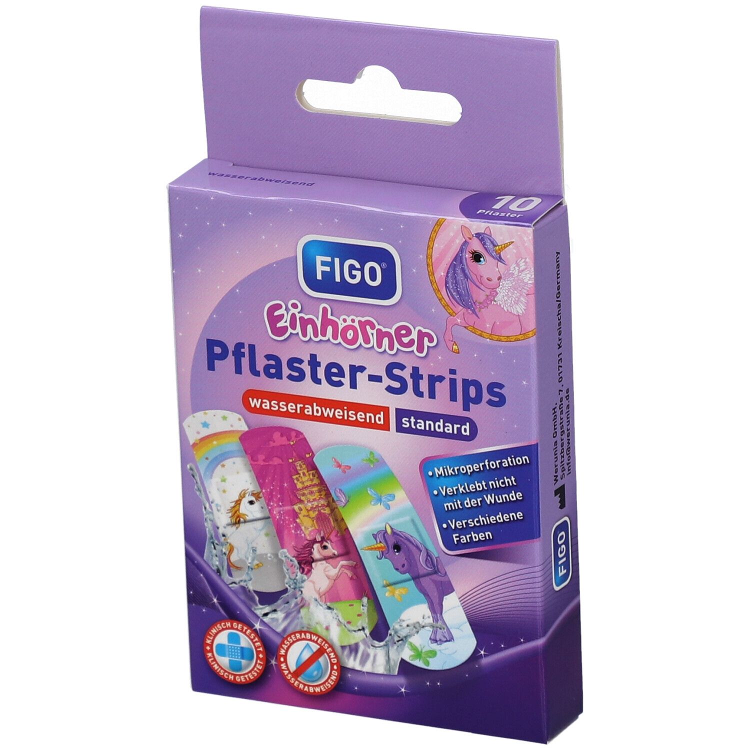 Boîte de FIGO Einhörner Pflaster-Strips. 10 pansements. Imperméable. Motifs licorne. Emballage violet avec crochet.
