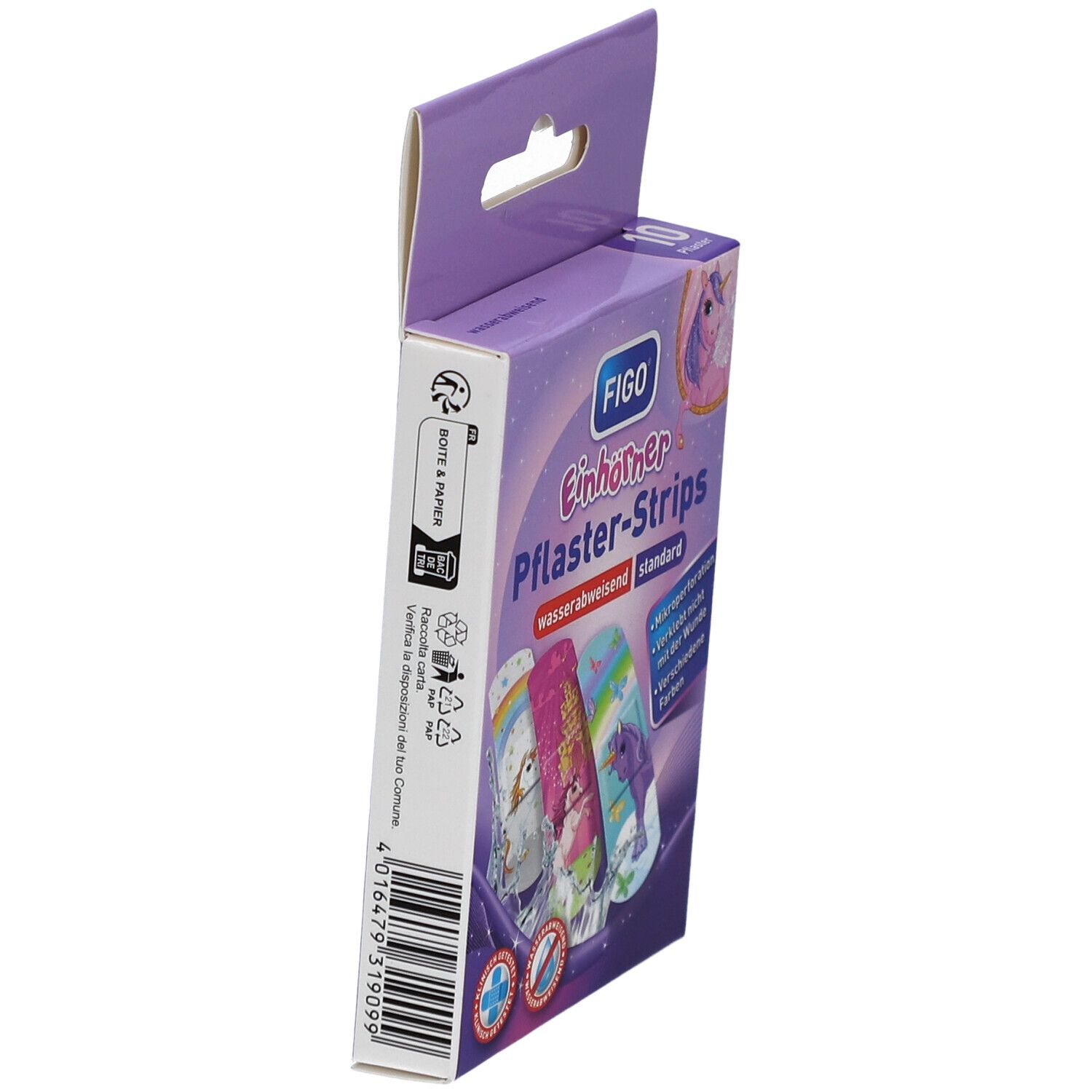 Vue latérale de la boîte de FIGO Einhörner Pflaster-Strips. Carton violet avec crochet. Nom du produit et logos visibles.
