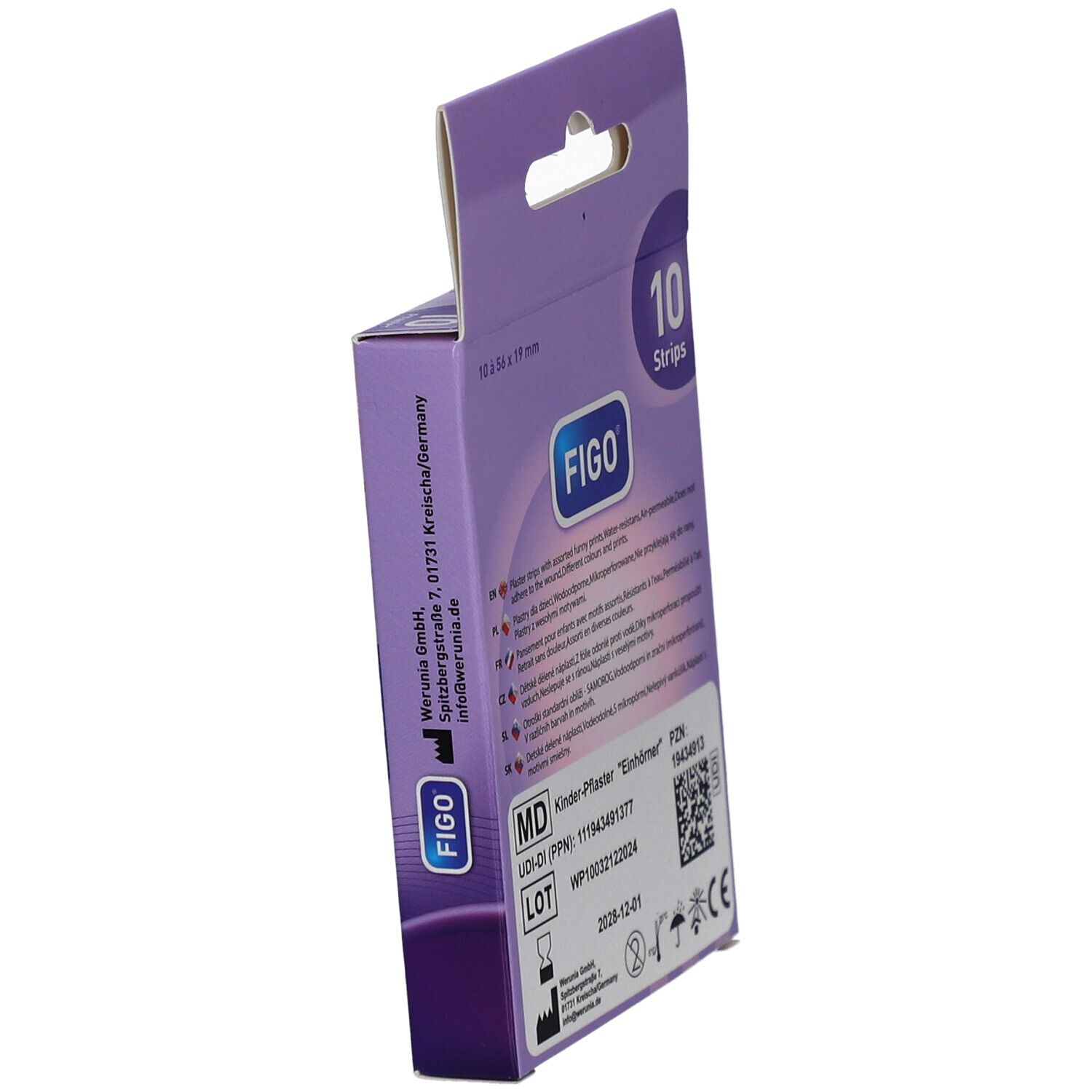Vue latérale de la boîte de FIGO Einhörner Pflaster-Strips. Carton violet avec crochet. Nom du produit et logos visibles.