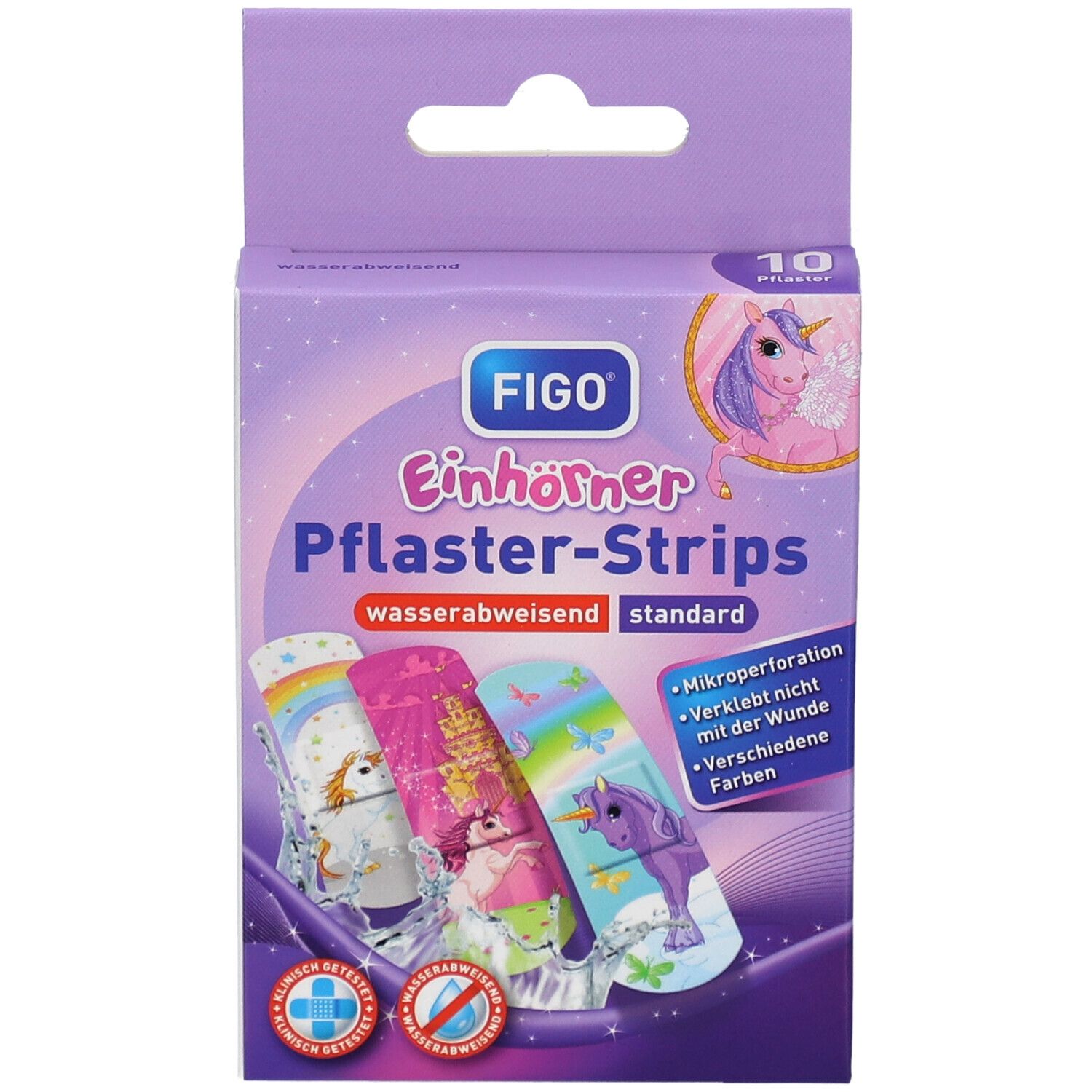 Boîte de FIGO Einhörner Pflaster-Strips. 10 pansements. Imperméable. Motifs licorne. Emballage violet avec crochet.