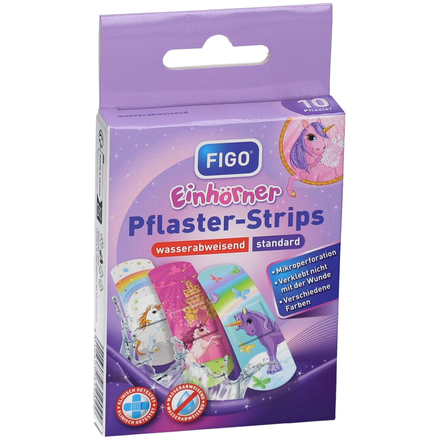 Boîte de FIGO Einhörner Pflaster-Strips. 10 pansements. Imperméable. Motifs licorne. Emballage violet avec crochet.