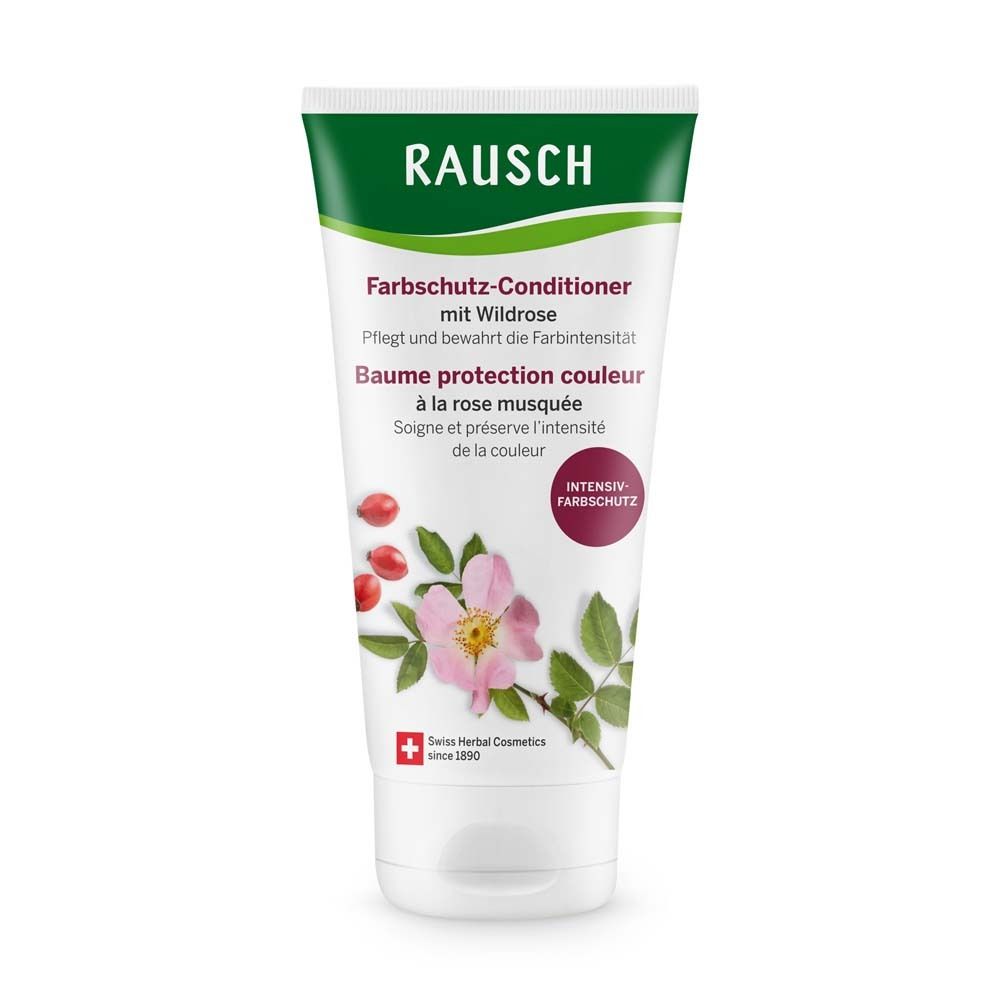 Tube de conditionneur blanc avec bouchon vert. Logo Rausch et nom du produit. Illustration de rose sauvage et de cynorhodons.