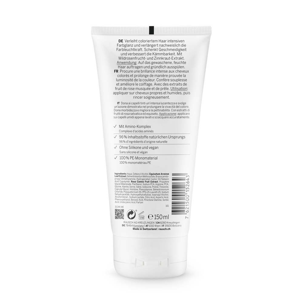 Dos d'un tube de conditionneur blanc. Texte en allemand, français et italien. Ingrédients et certifications.