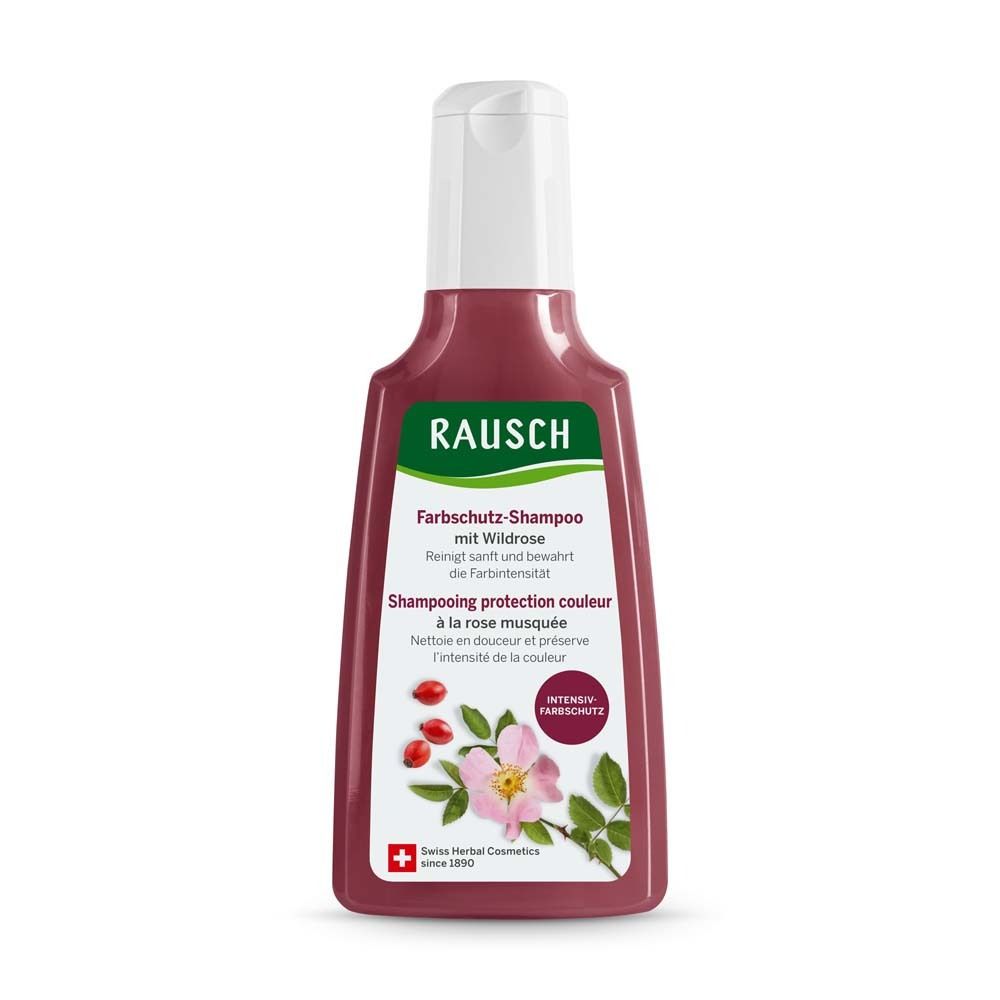 Flacon de shampooing protecteur de couleur avec motif de rose sauvage. Flacon rouge avec bouchon blanc. Texte: RAUSCH, Shampooing protection couleur, Swiss Herbal Cosmetics.
