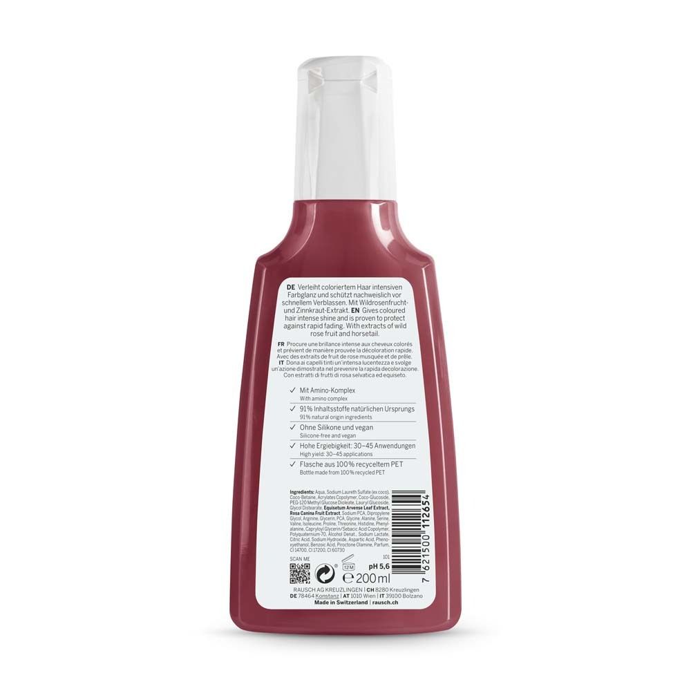 Dos du flacon de shampooing protecteur de couleur. Texte en allemand et en anglais. Ingrédients, certifications et code QR. Flacon en PET recyclé.