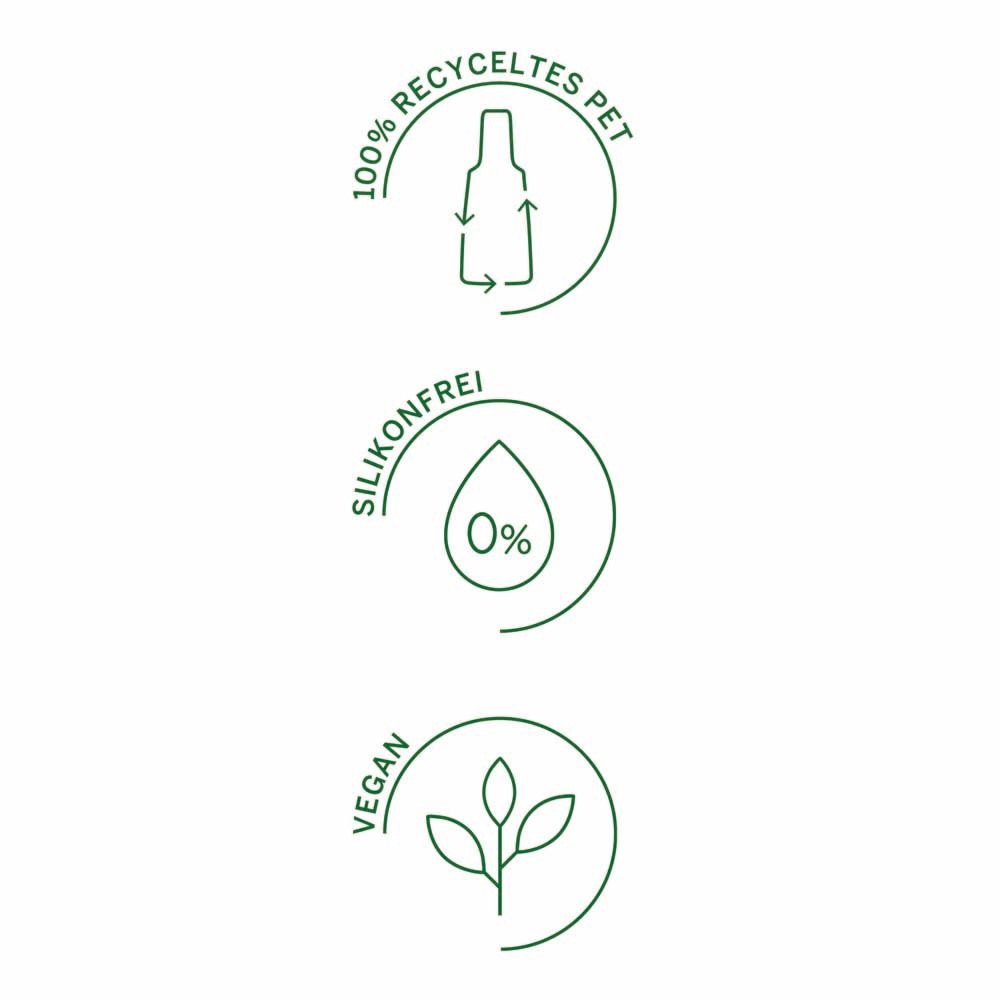 Icônes: 100% PET recyclé, sans silicone (0%), végétalien. Symboles verts sur fond blanc.