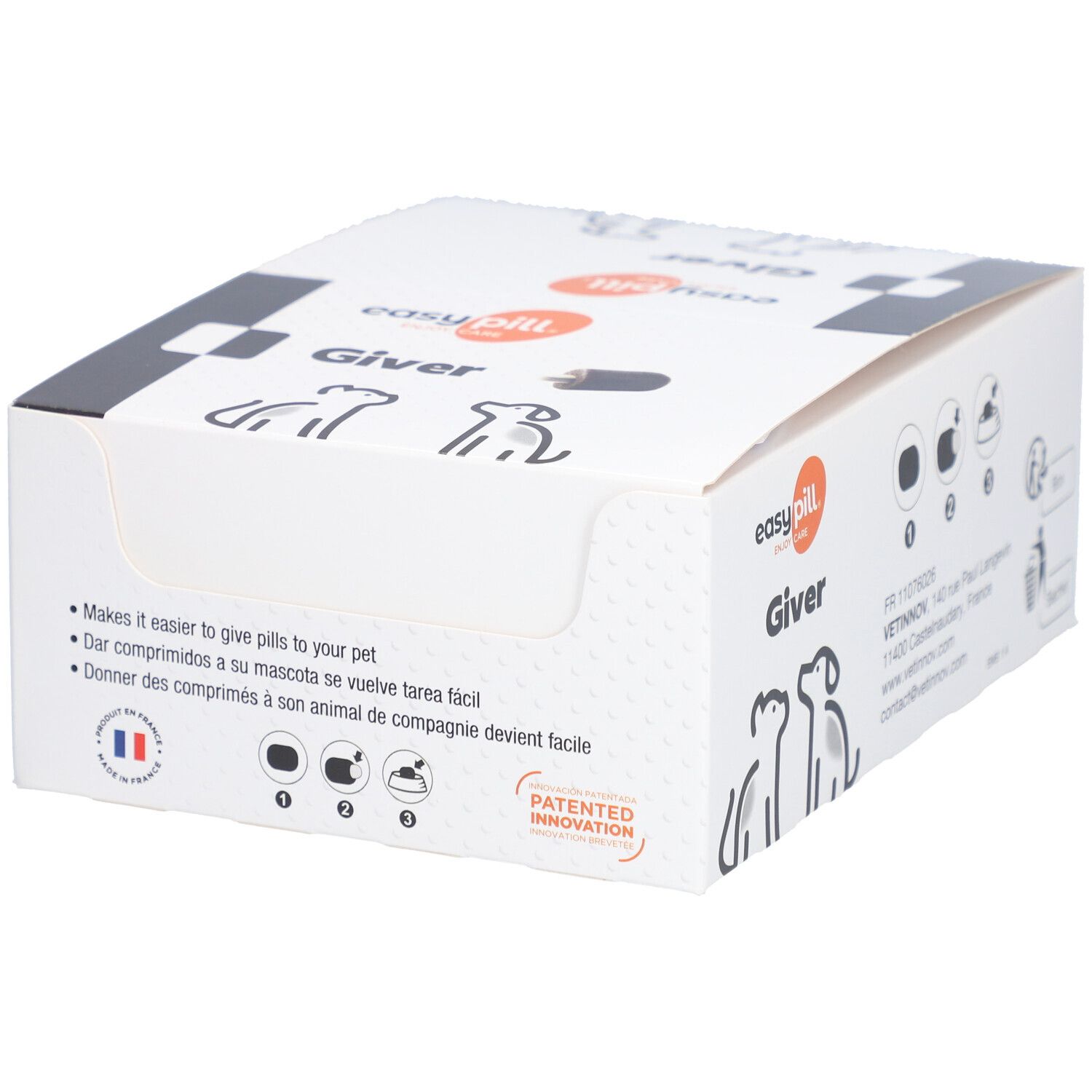 Boîte blanche avec texte et illustrations. Marque: easy pill Giver. Drapeaux français. Instructions illustrées pour l'utilisation.