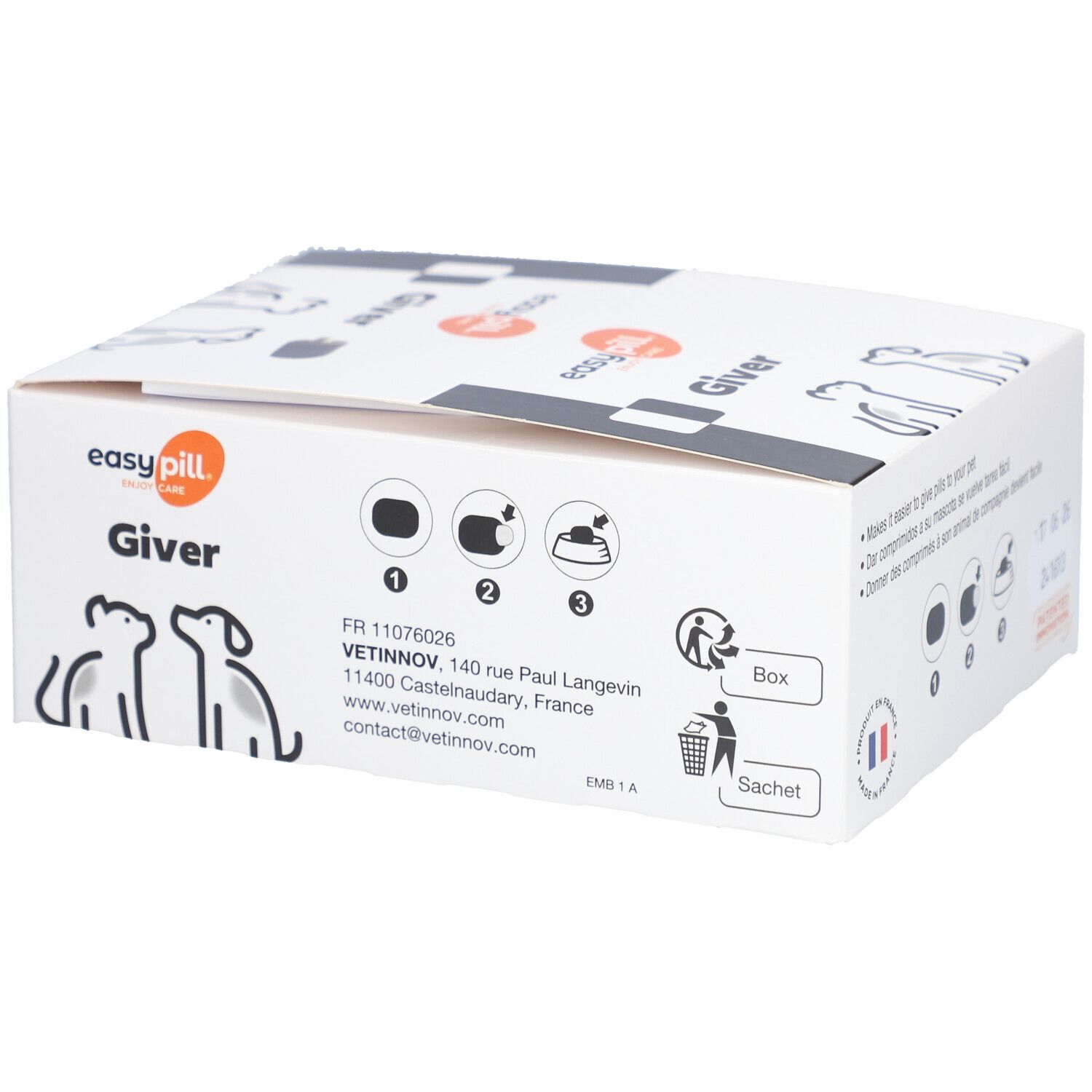 Boîte blanche avec texte et illustrations. Marque: easy pill Giver. Adresse du fabricant. Drapeau français.