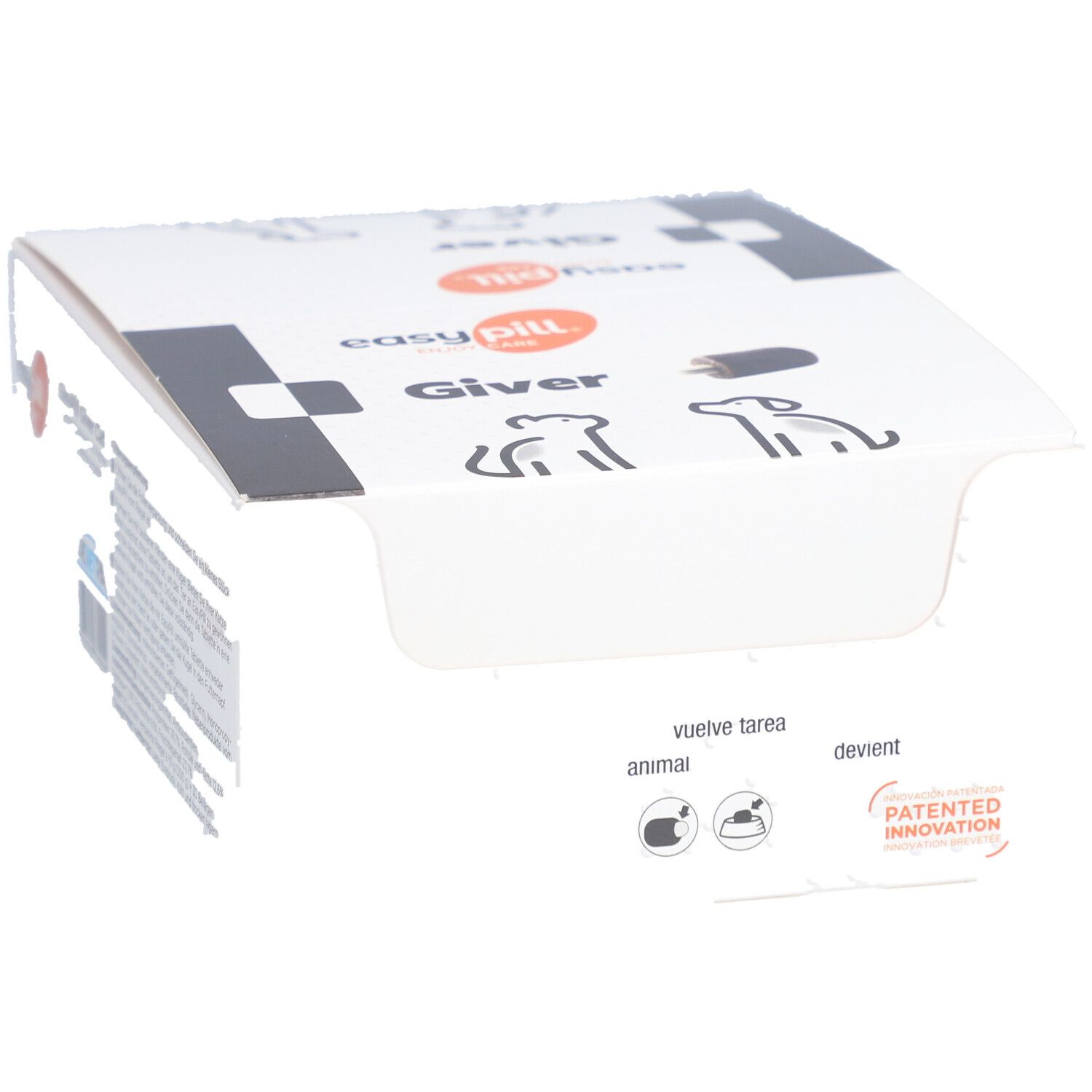 Boîte blanche avec texte et illustrations. Marque: easy pill Giver. Breveté. Illustrations. Drapeau français.