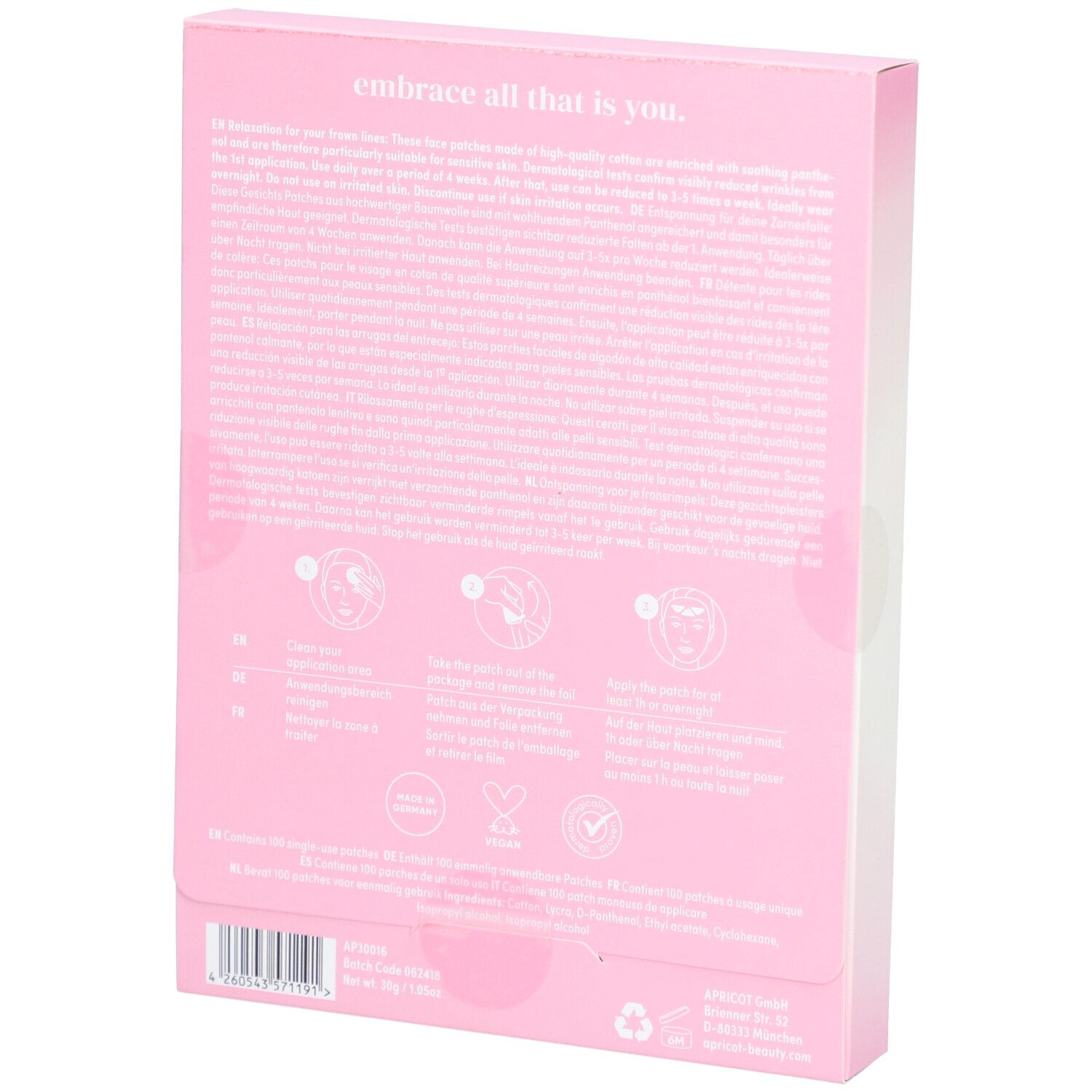 Dos de la boîte APRICOT Facial Patches Panthénol avec instructions.