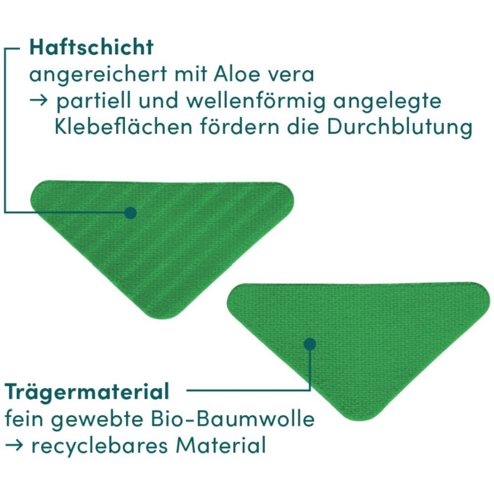 Vue détaillée de deux patchs visage verts en forme de triangle à l'Aloe Vera.