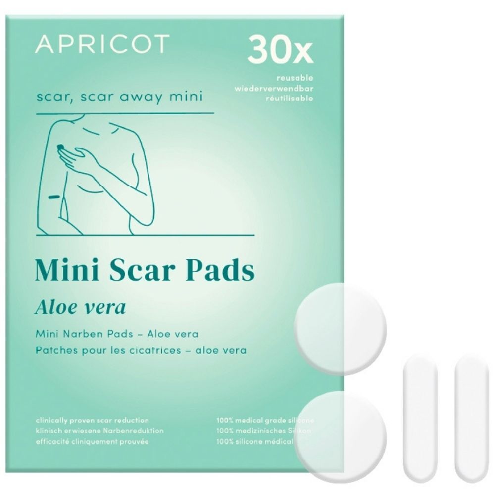 Boîte de Mini Scar Pads APRICOT. Contient des coussinets ronds et oblongs. Inscription : Mini Scar Pads, Aloe vera.