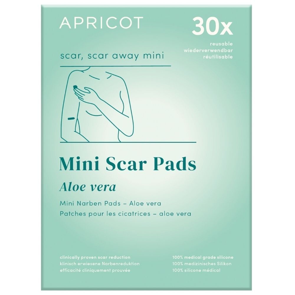 Boîte de Mini Scar Pads APRICOT. Inscription : Mini Scar Pads, Aloe vera. 30 pièces. Design vert et blanc.