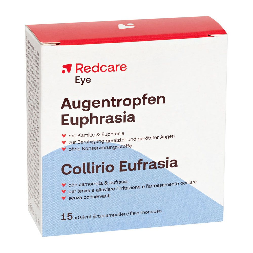 Boîte de gouttes ophtalmiques Euphrasia. Contient 15 doses uniques. Marque Redcare Eye.