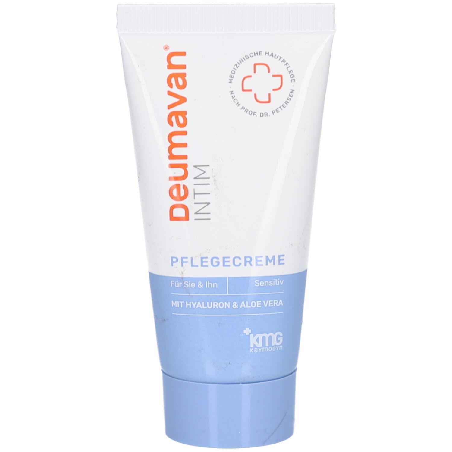 Tube de crème blanc et bleu. Inscription: Deumavan Intim, Pflegecreme, pour Elle & Lui, sensitive. Avec Hyaluron & Aloe Vera.
