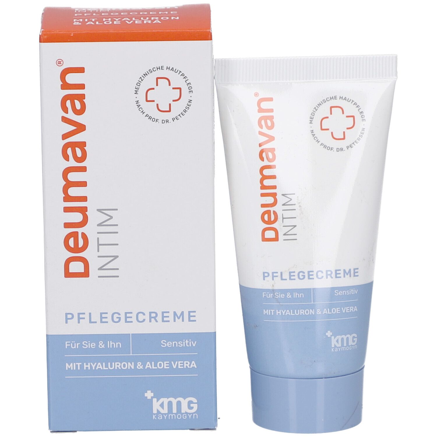 Emballage du produit: tube et carton. Inscription: Deumavan Intim, Pflegecreme, pour Elle & Lui, sensitive. Avec Hyaluron & Aloe Vera.