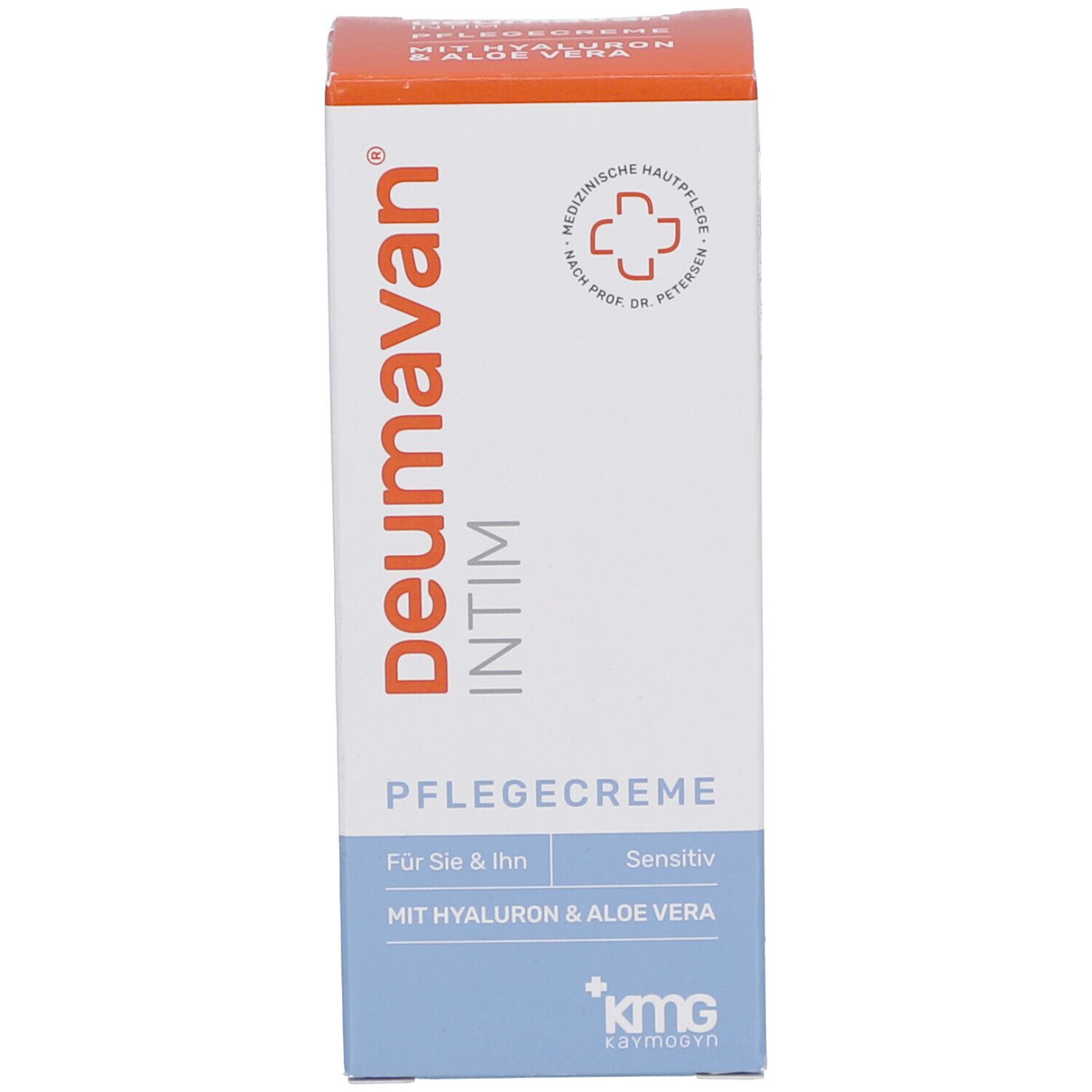 Emballage en carton. Inscription: Deumavan Intim, Pflegecreme, pour Elle & Lui, sensitive. Avec Hyaluron & Aloe Vera.