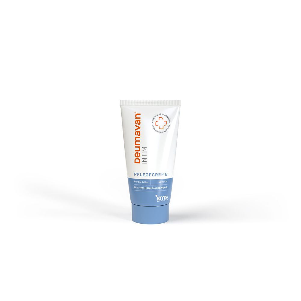 Tube de crème de soin intime Deumavan avec bouchon bleu et corps blanc.