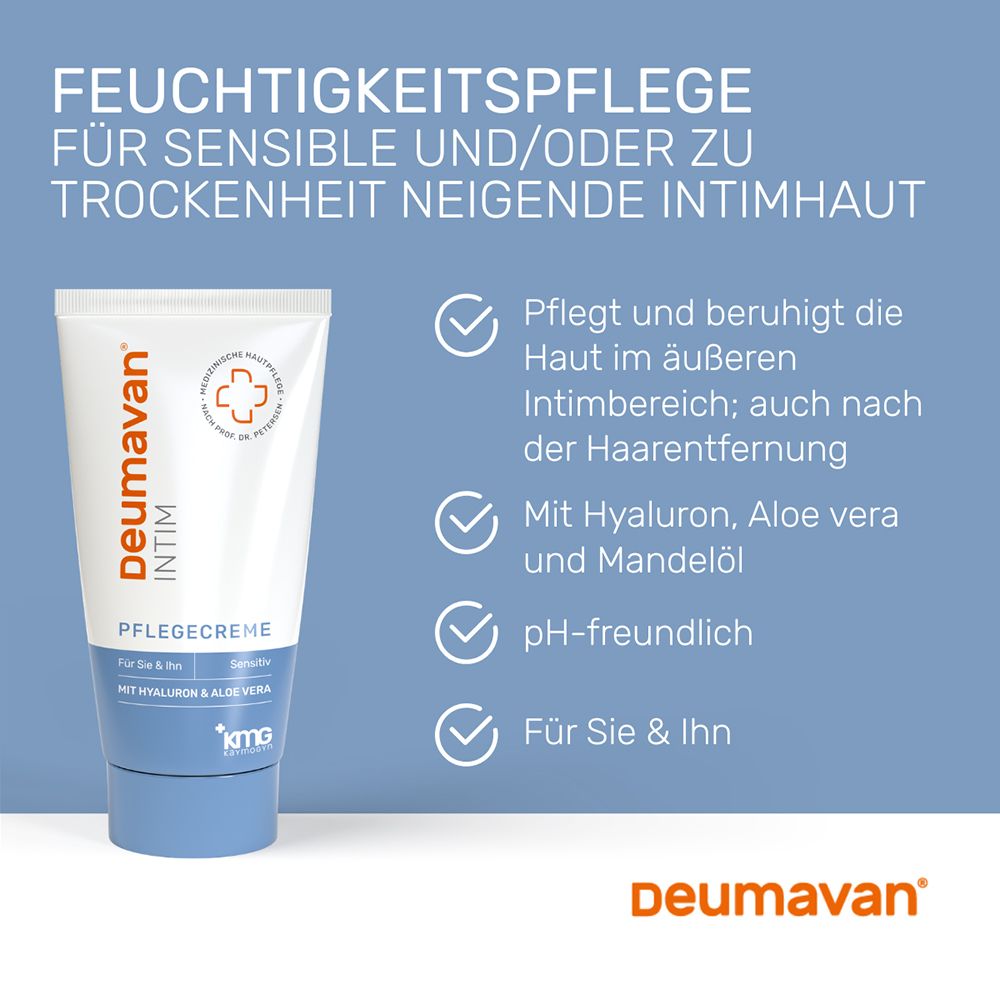Tube de crème de soin intime Deumavan, hydratant pour peau intime sensible, avec hyaluron, aloe vera et huile d'amande.