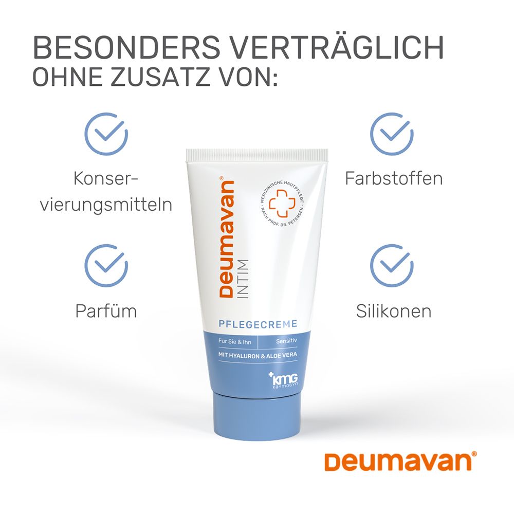 Tube de crème de soin Deumavan Intim, sans conservateurs, parfum, colorants ni silicones.