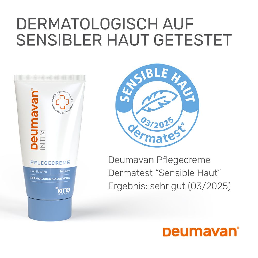 Tube de crème de soin Deumavan Intim. Testé dermatologiquement sur peau sensible. Résultat "Peau sensible" : très bon (03/2025).