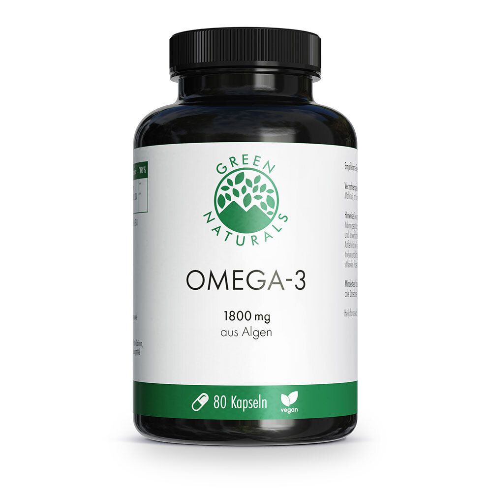 Gélules Oméga-3 Green Naturals : Flacon noir avec étiquette blanche, logo et 1800mg d'algues.