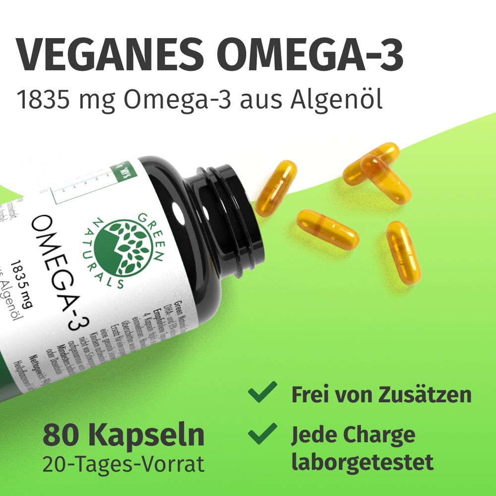 Gélules Oméga-3 végétaliennes Green Naturals : Flacon ouvert avec 1835mg d'huile d'algues, gélules et texte.