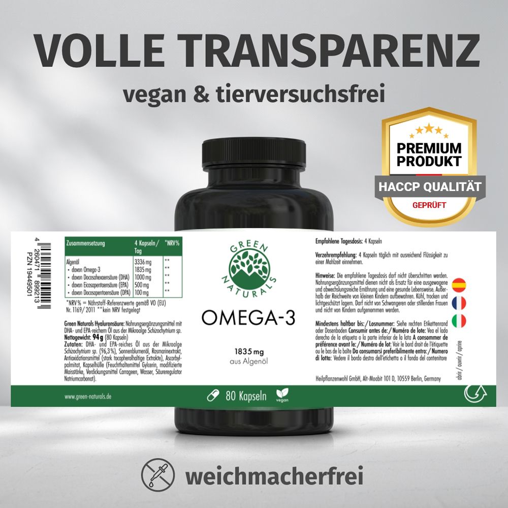 Dos du flacon Oméga-3 : Informations nutritionnelles, ingrédients, mode d'emploi, 80 gélules.